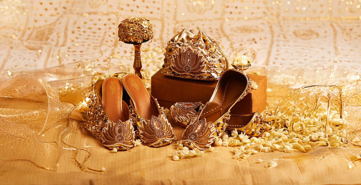 Navratri Glow-Up: Shiny Heels, Golden Wedges & Ethnic Juttis for Women