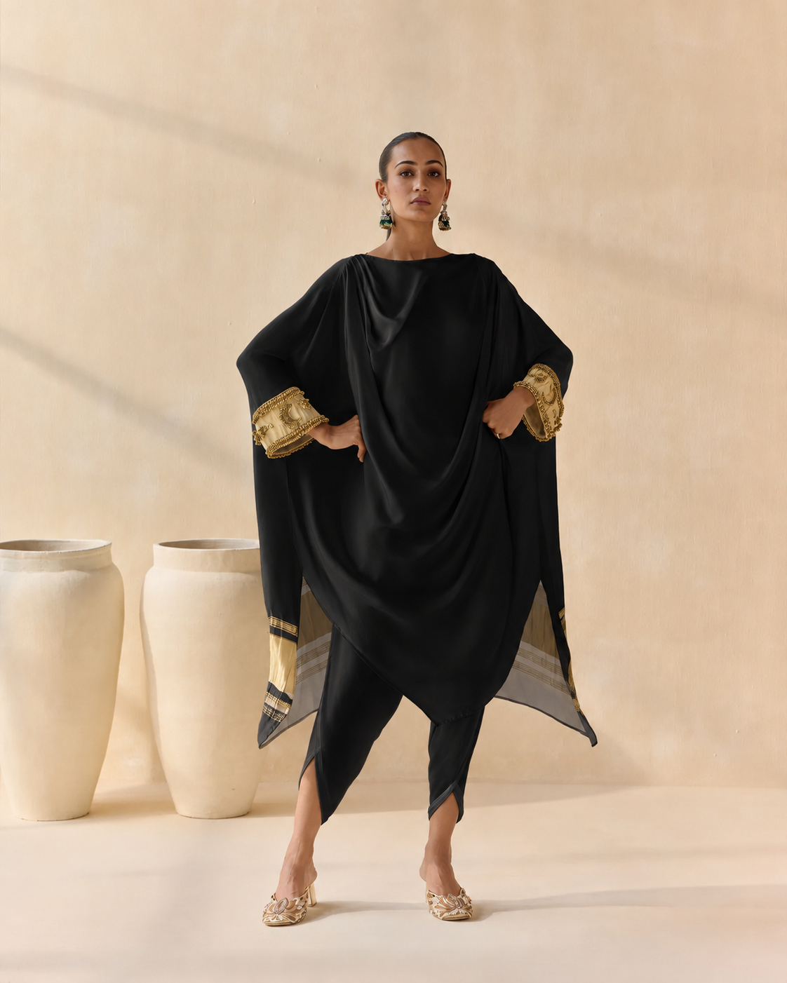 Noor Shwet Draped Set - Black