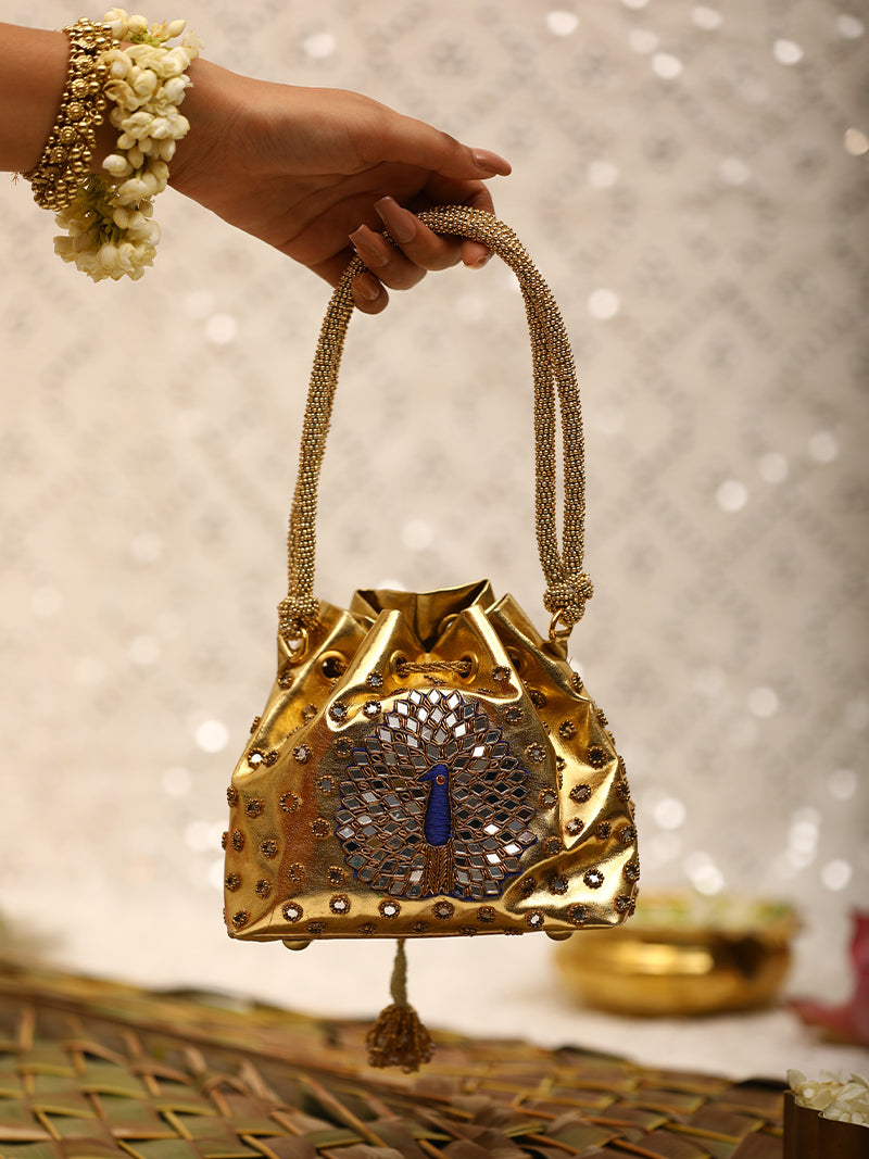 Gold Peacock Jutti and potli combo set