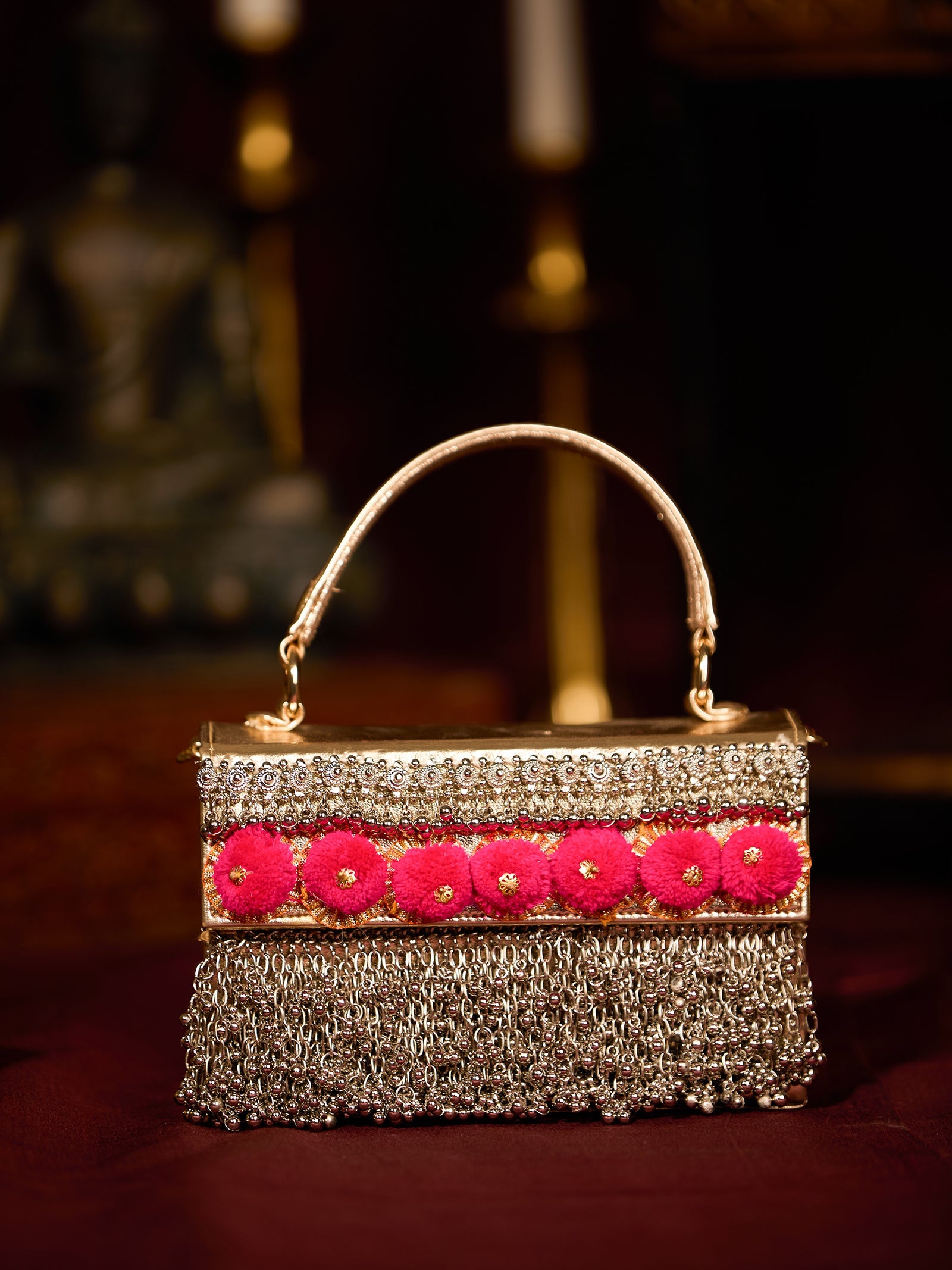Golden Ghungroo Crown Jutti & Gold Pompom Bag (Combo)