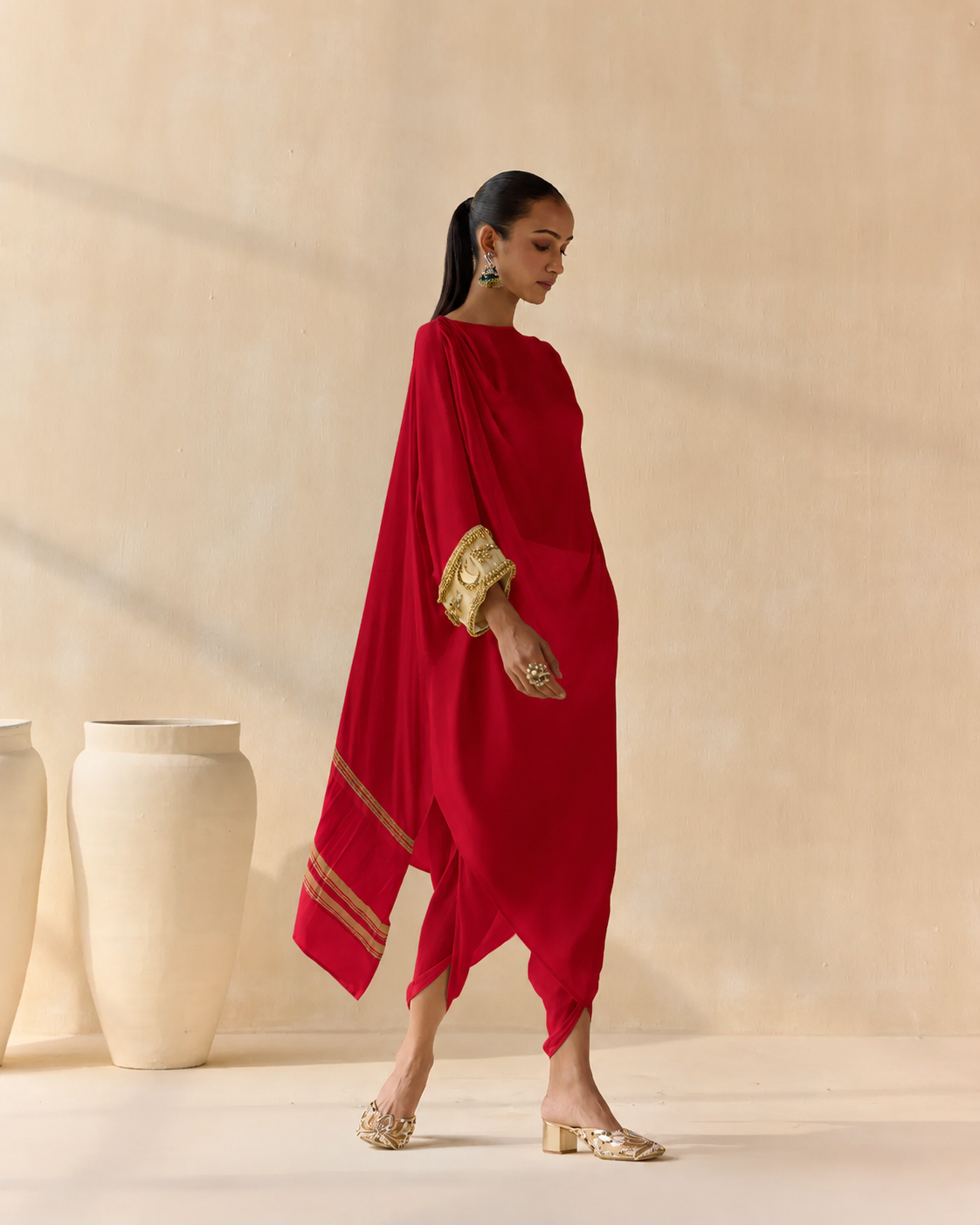 Noor Shwet Draped Set - Red
