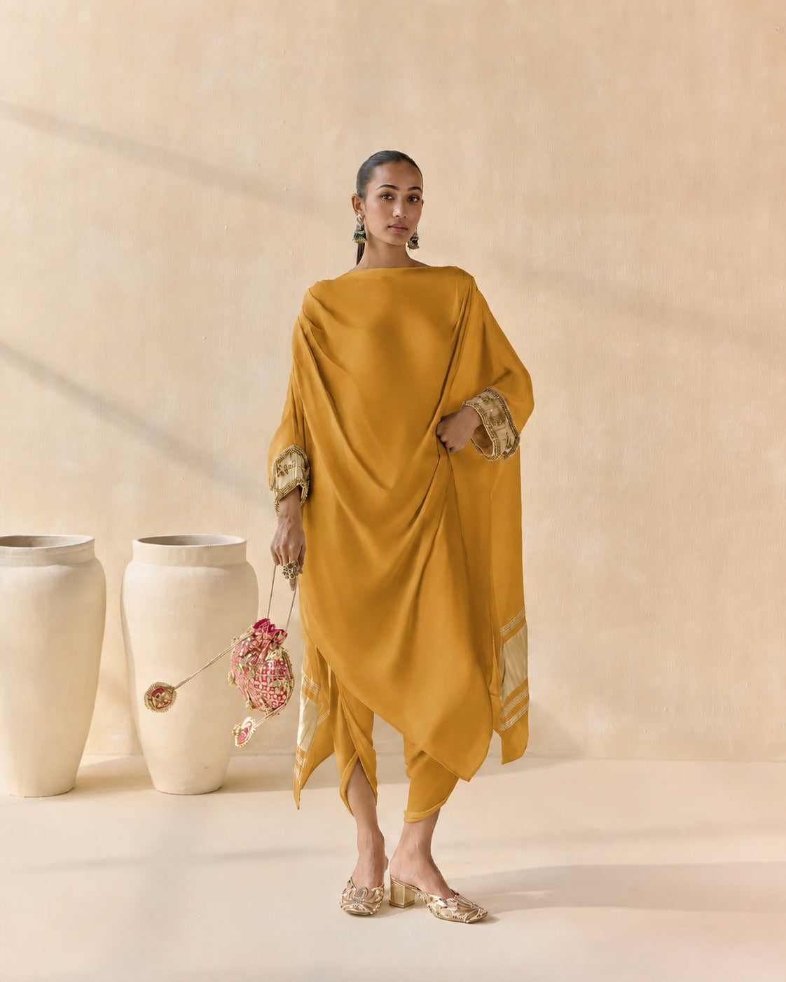 Noor Shwet Draped Set - Mustard