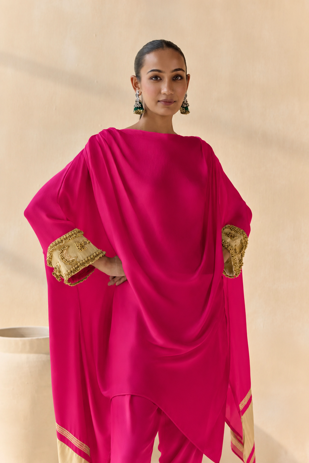 Noor Shwet Draped Set - Fuchsia