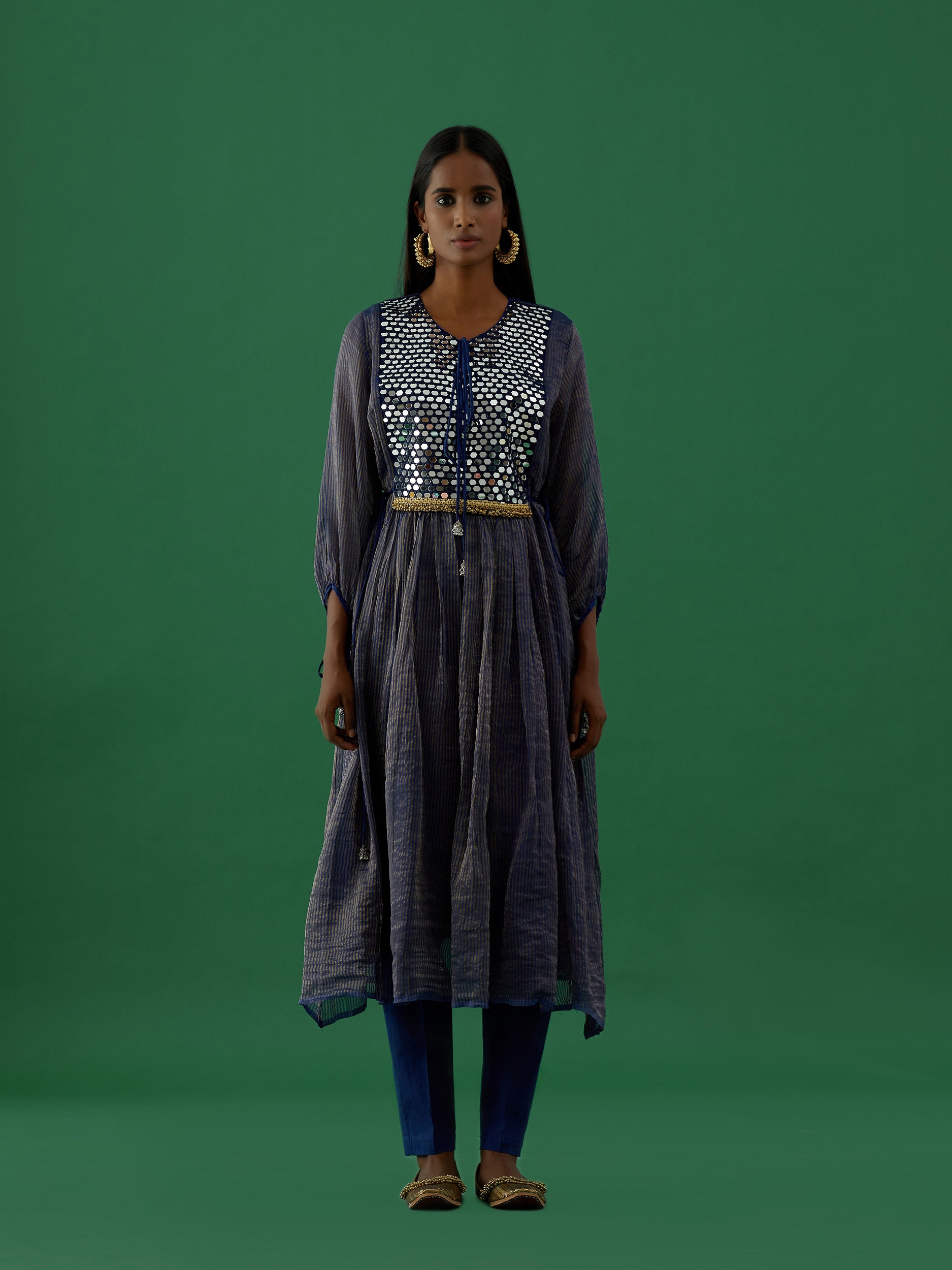 Gopika - Navy Blue Mirror Work Chanderi Tissue Silk Anarkali Kurta - 5elements