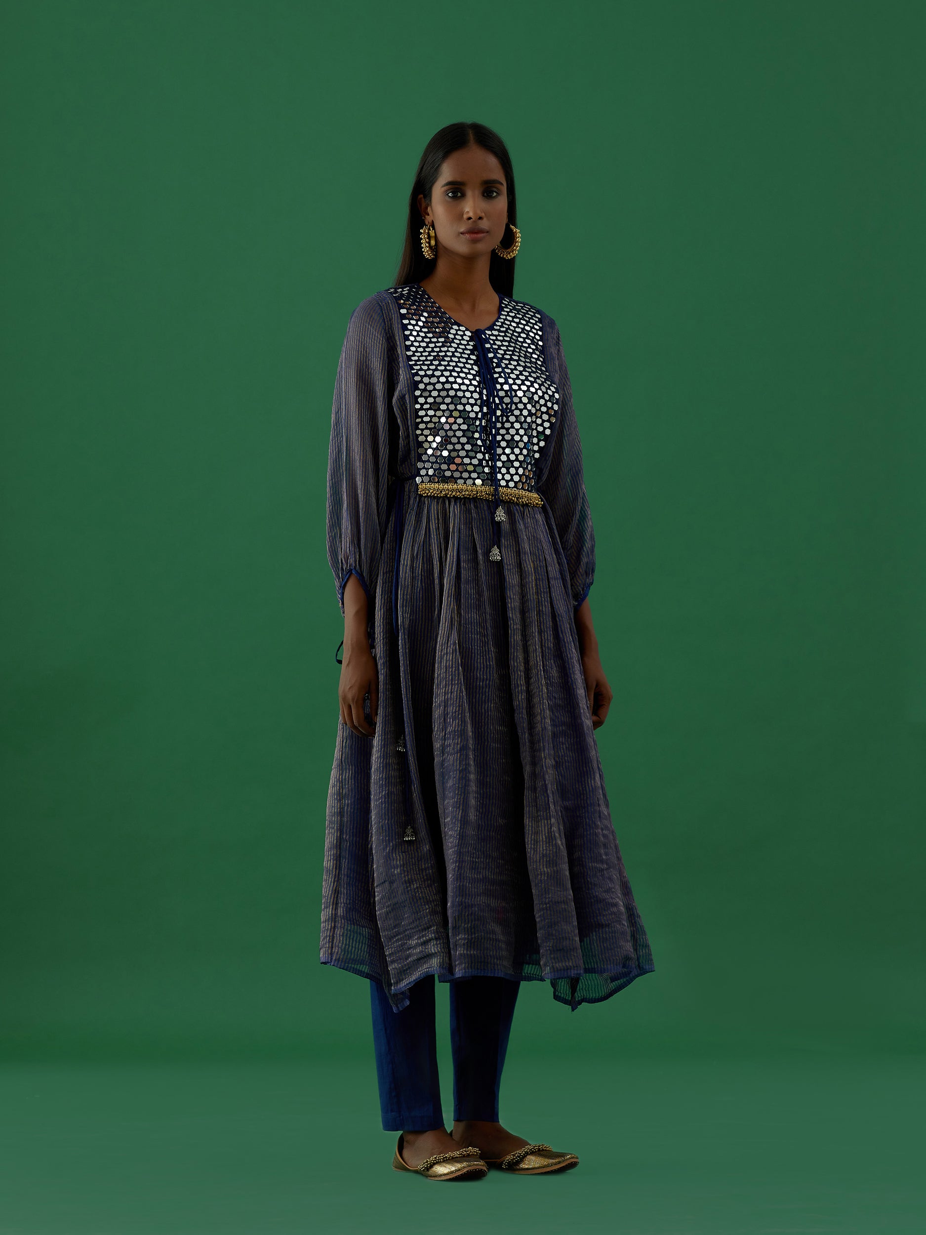 Gopika - Navy Blue Mirror Work Chanderi Tissue Silk Anarkali Kurta - 5elements