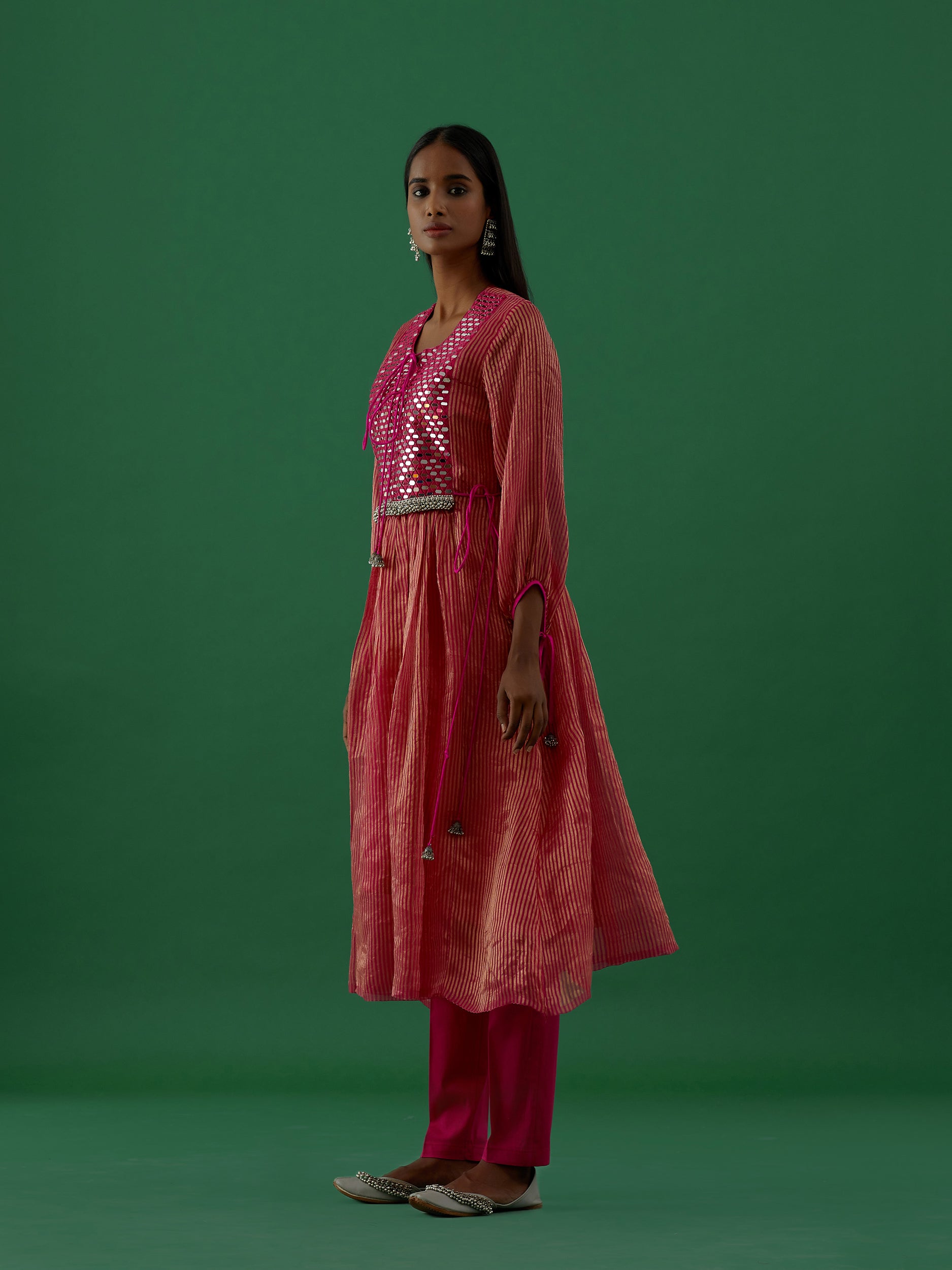 Gopika - Red Mirror Work Chanderi Tissue Silk Anarkali Kurta - 5elements