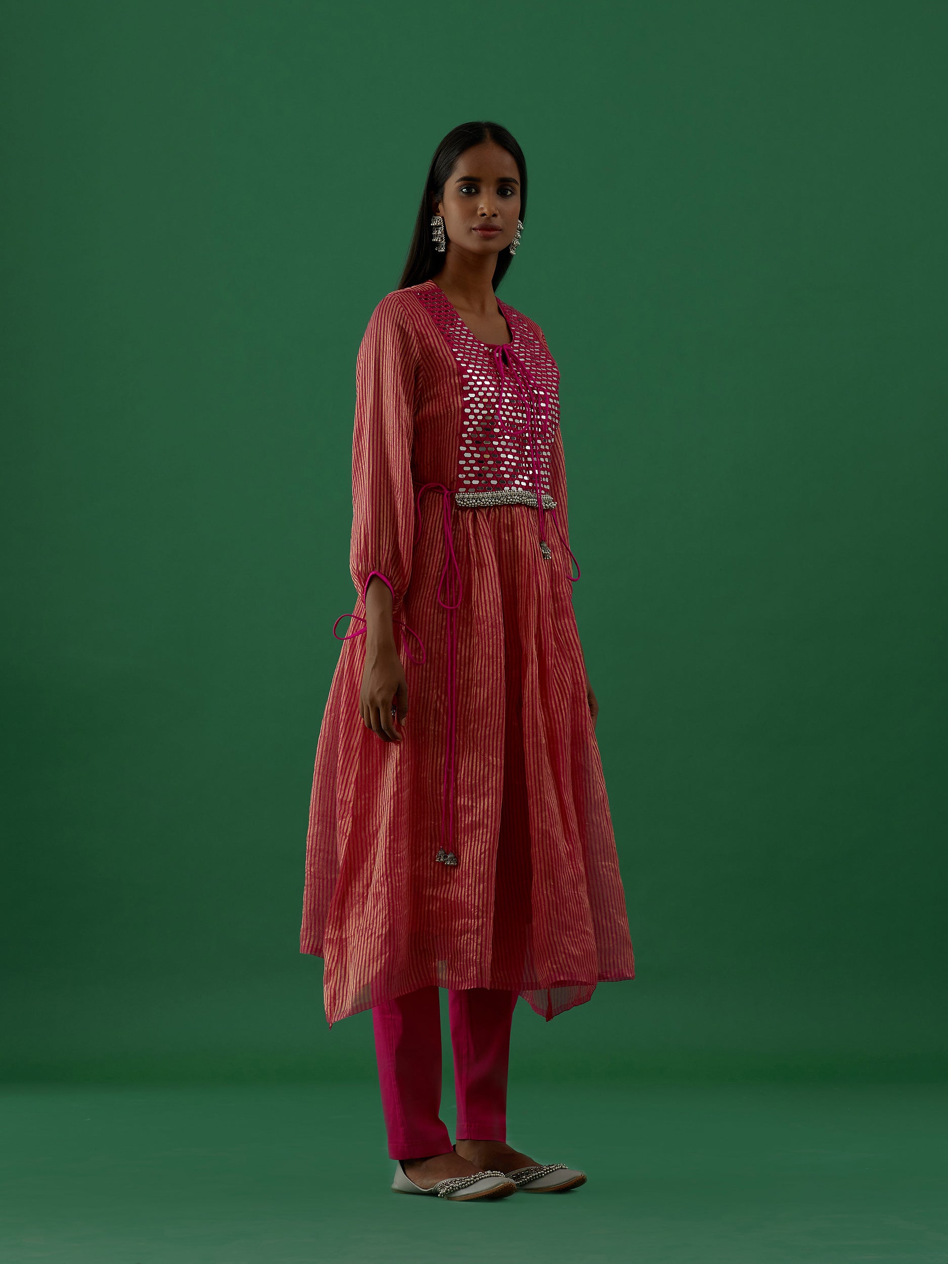 Gopika - Red Mirror Work Chanderi Tissue Silk Anarkali Kurta - 5elements