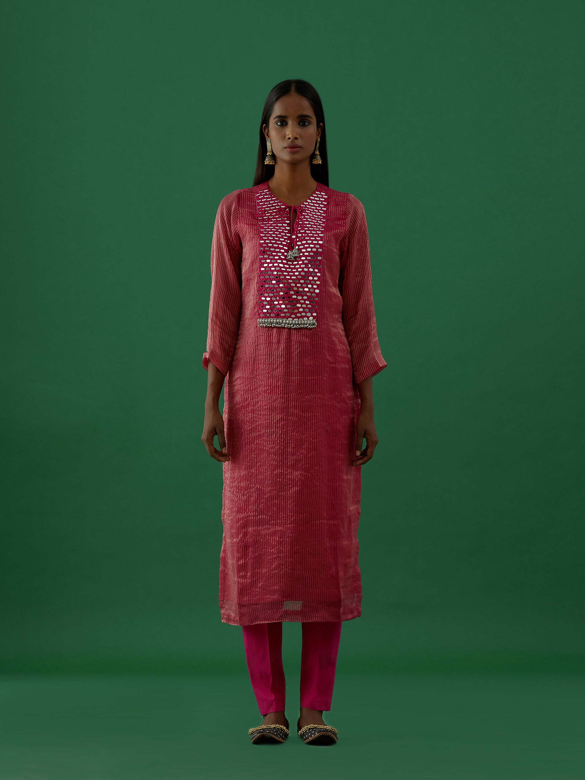 Gopika - Red Mirror Work Chanderi Tissue Silk Kurta - 5elements
