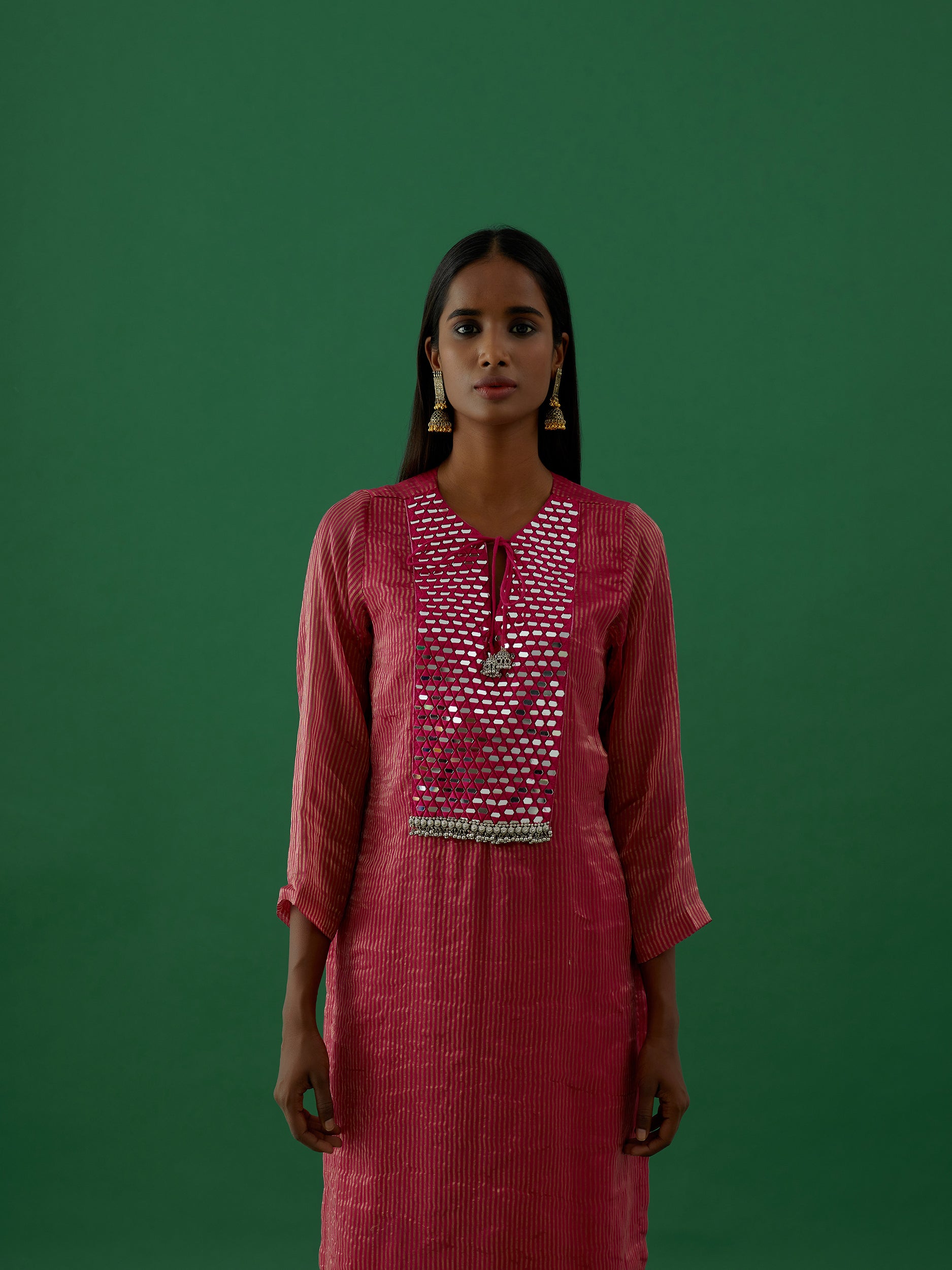 Gopika - Red Mirror Work Chanderi Tissue Silk Kurta - 5elements