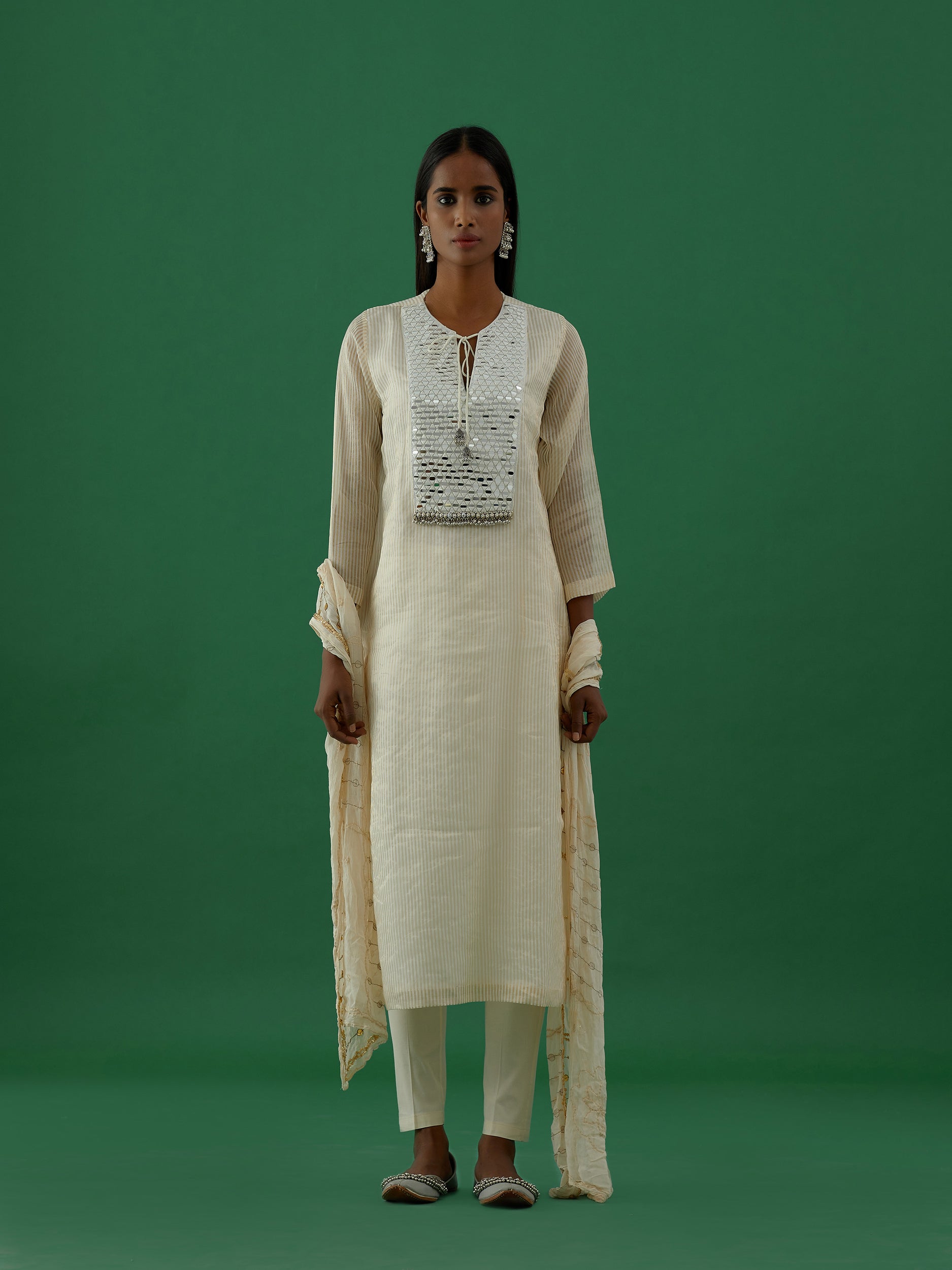 Gopika - White Mirror Work Chanderi Tissue Silk Kurta  - 5elements