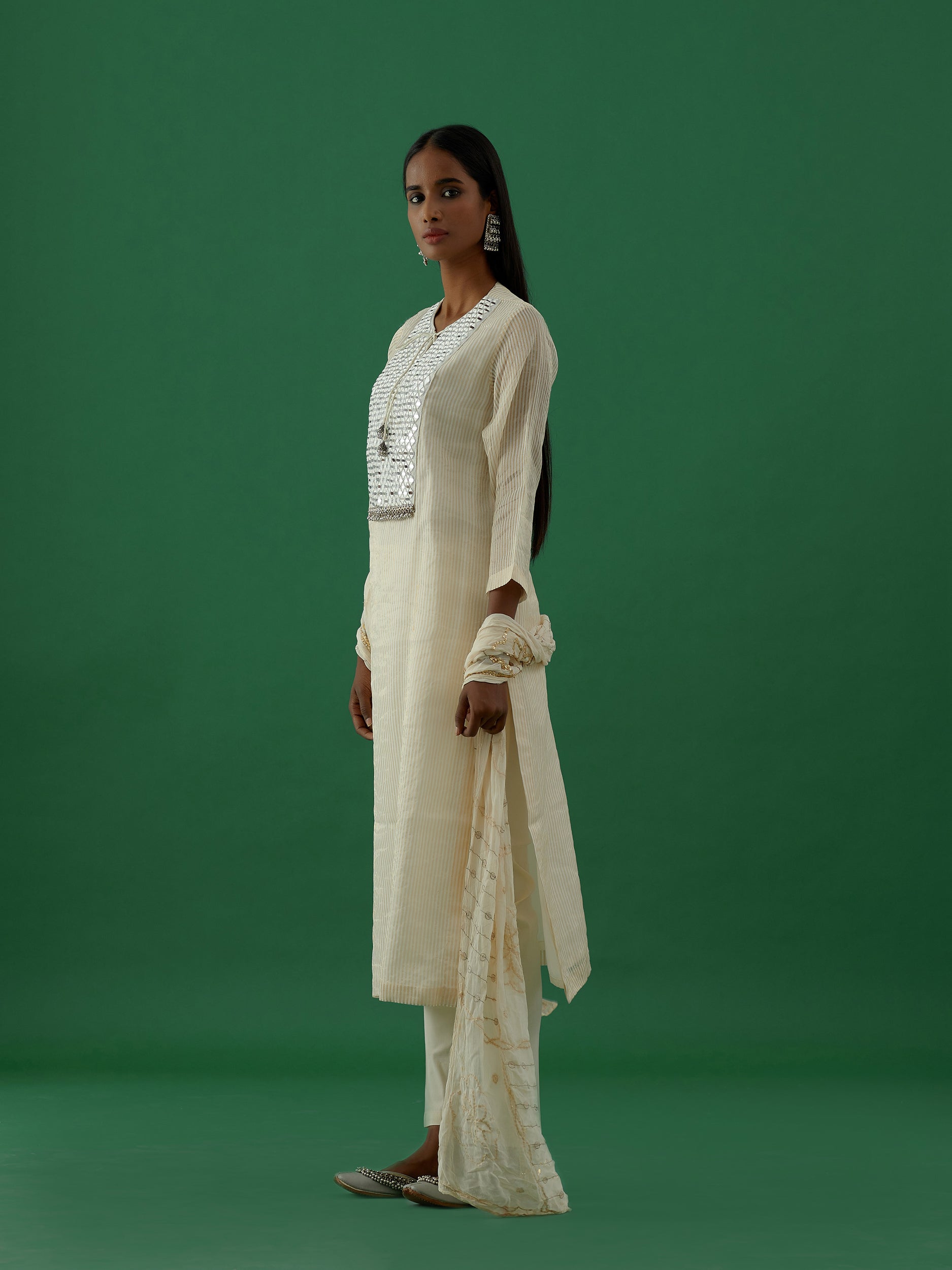 Gopika - White Mirror Work Chanderi Tissue Silk Kurta  - 5elements