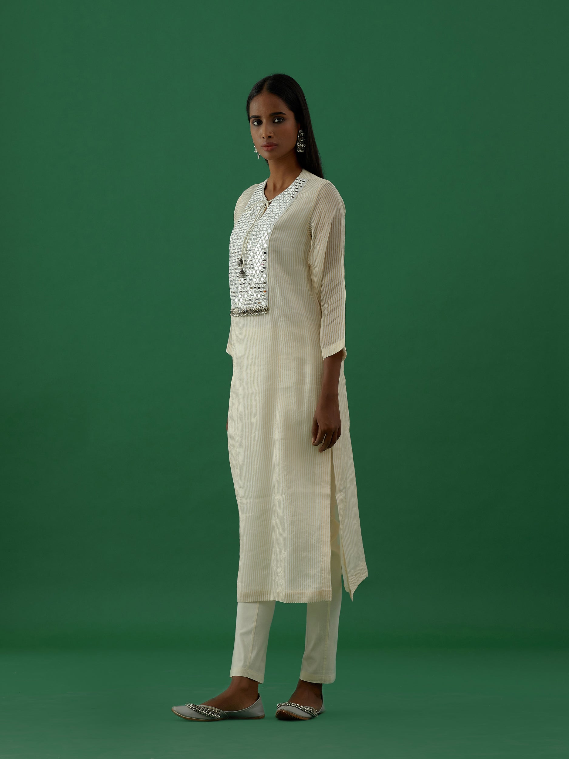 Gopika - White Mirror Work Chanderi Tissue Silk Kurta  - 5elements