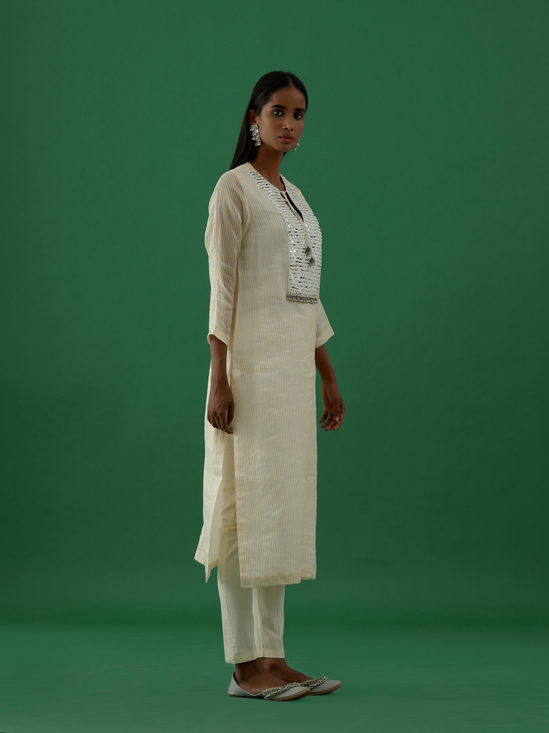 Gopika - White Mirror Work Chanderi Tissue Silk Kurta - 5elements