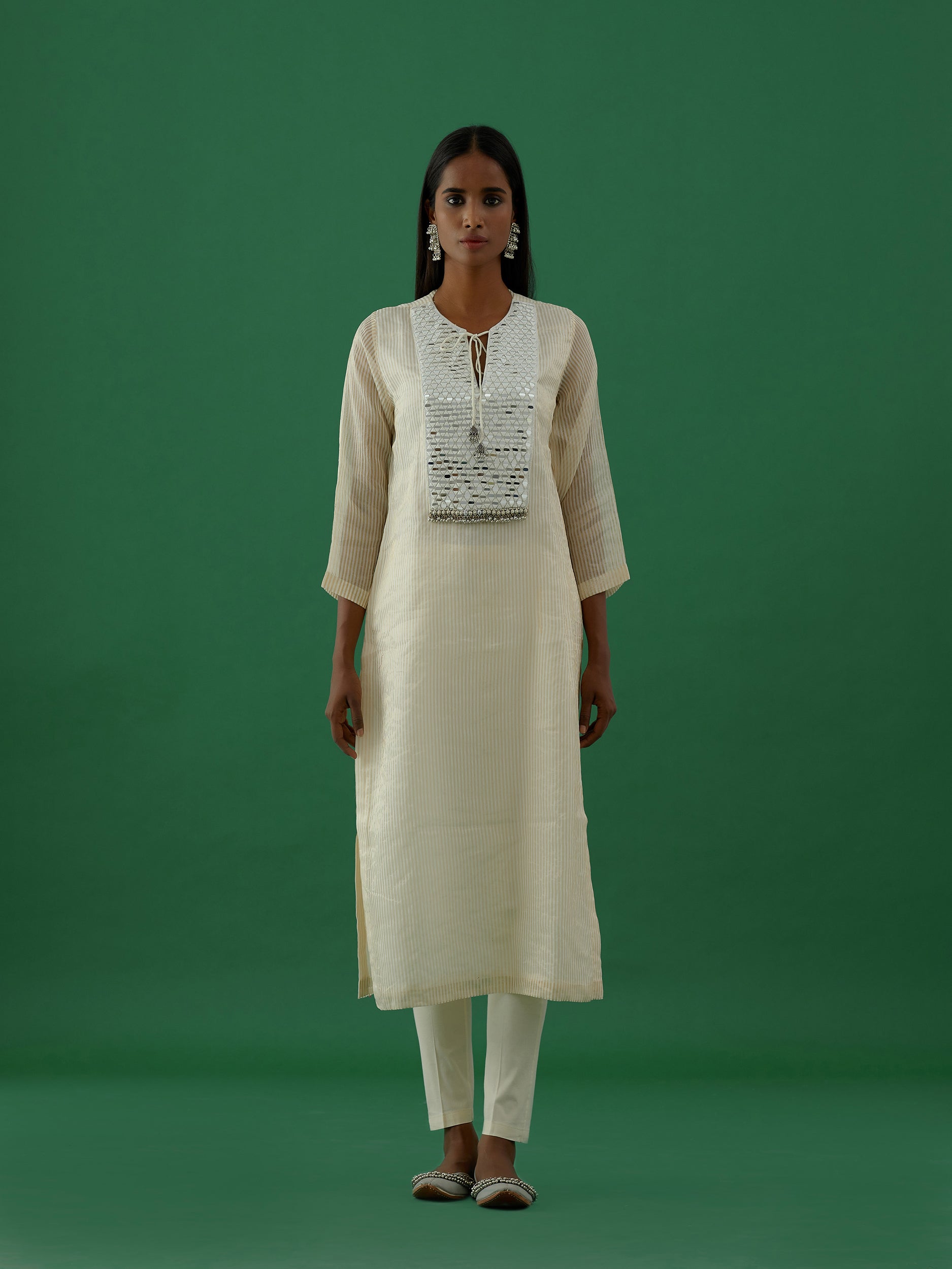 Gopika - White Mirror Work Chanderi Tissue Silk Kurta  - 5elements
