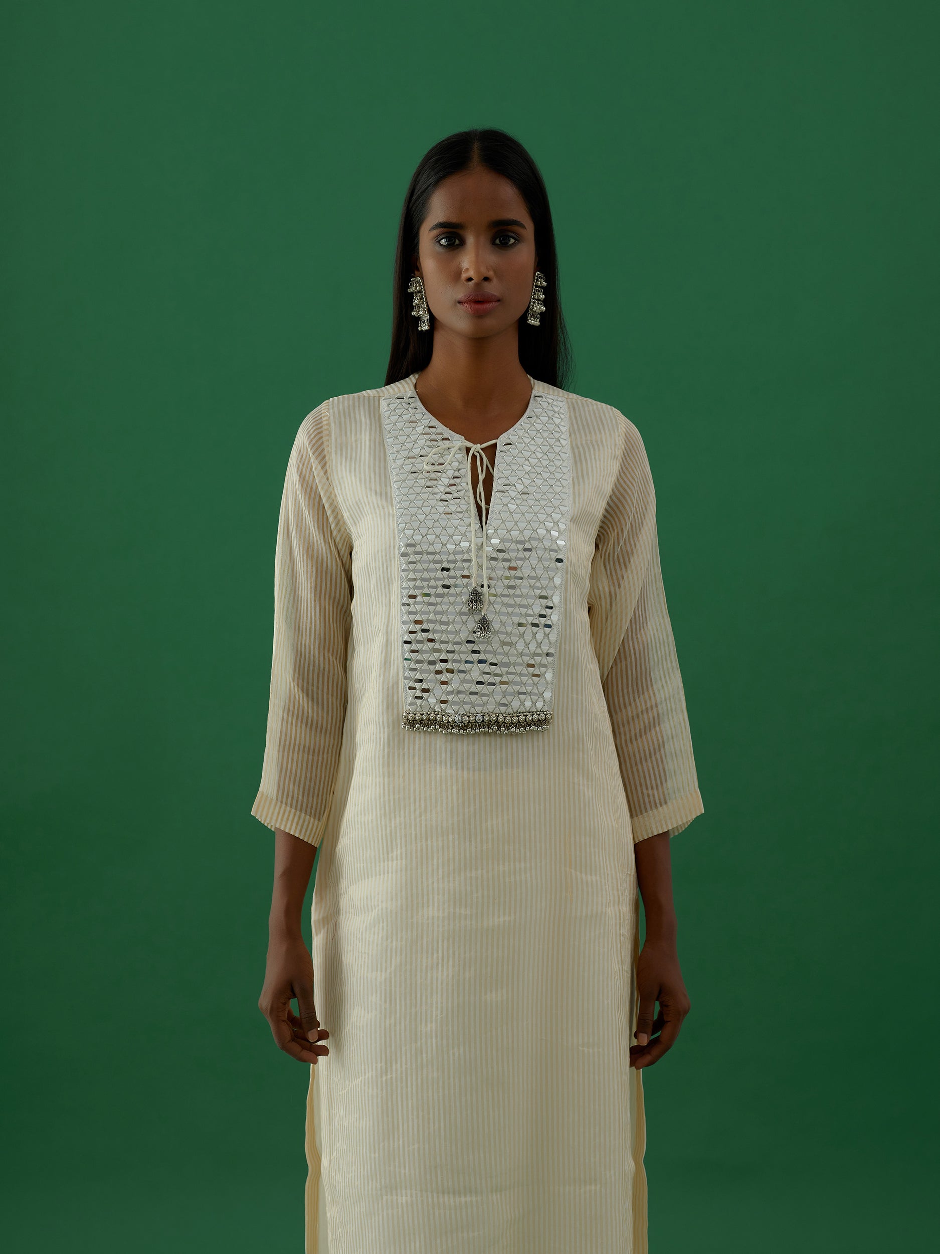 Gopika - White Mirror Work Chanderi Tissue Silk Kurta - 5elements