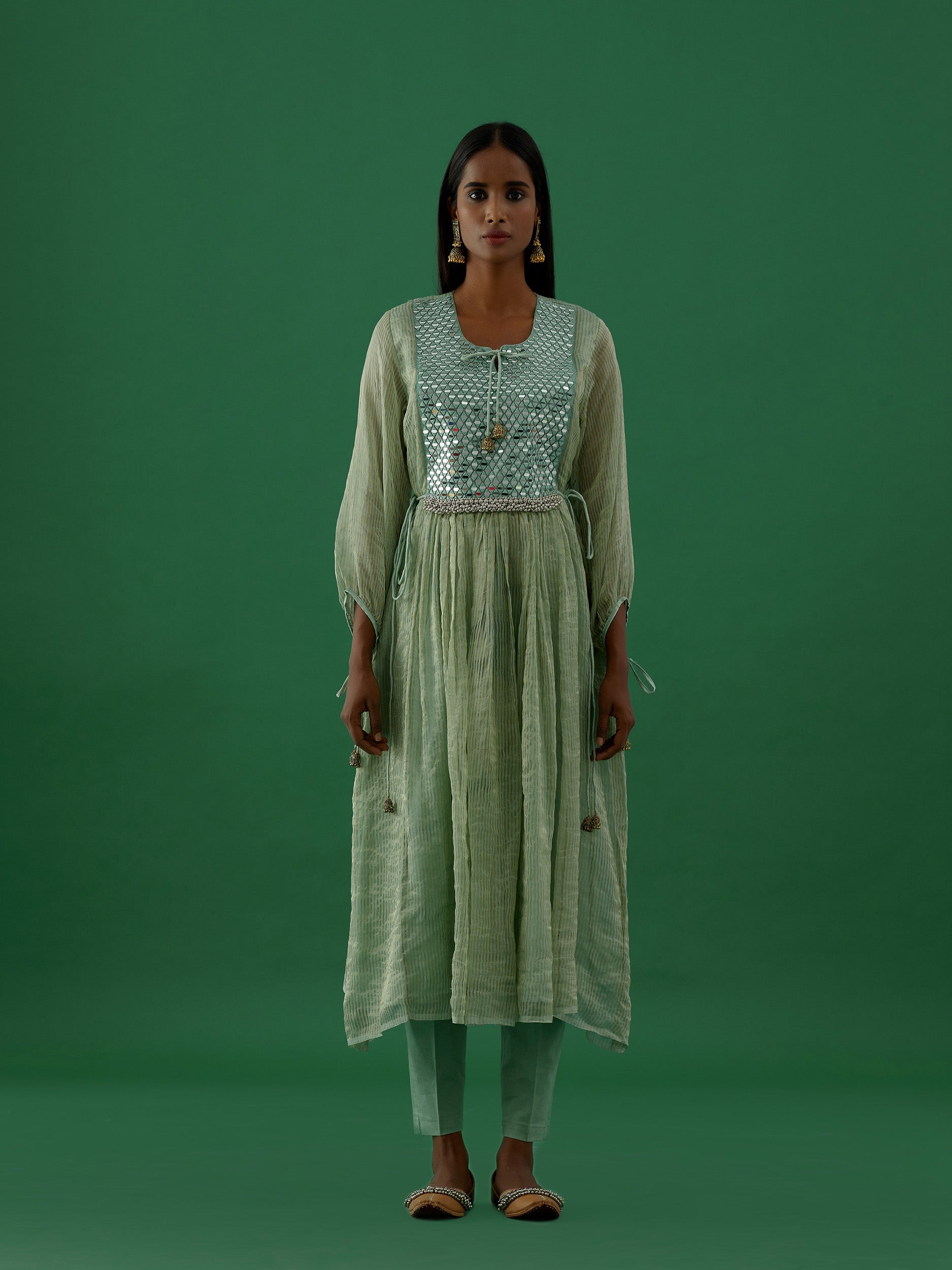 Gopika - Green Mirror Work Chanderi Tissue Silk Anarkali Kurta - 5elements