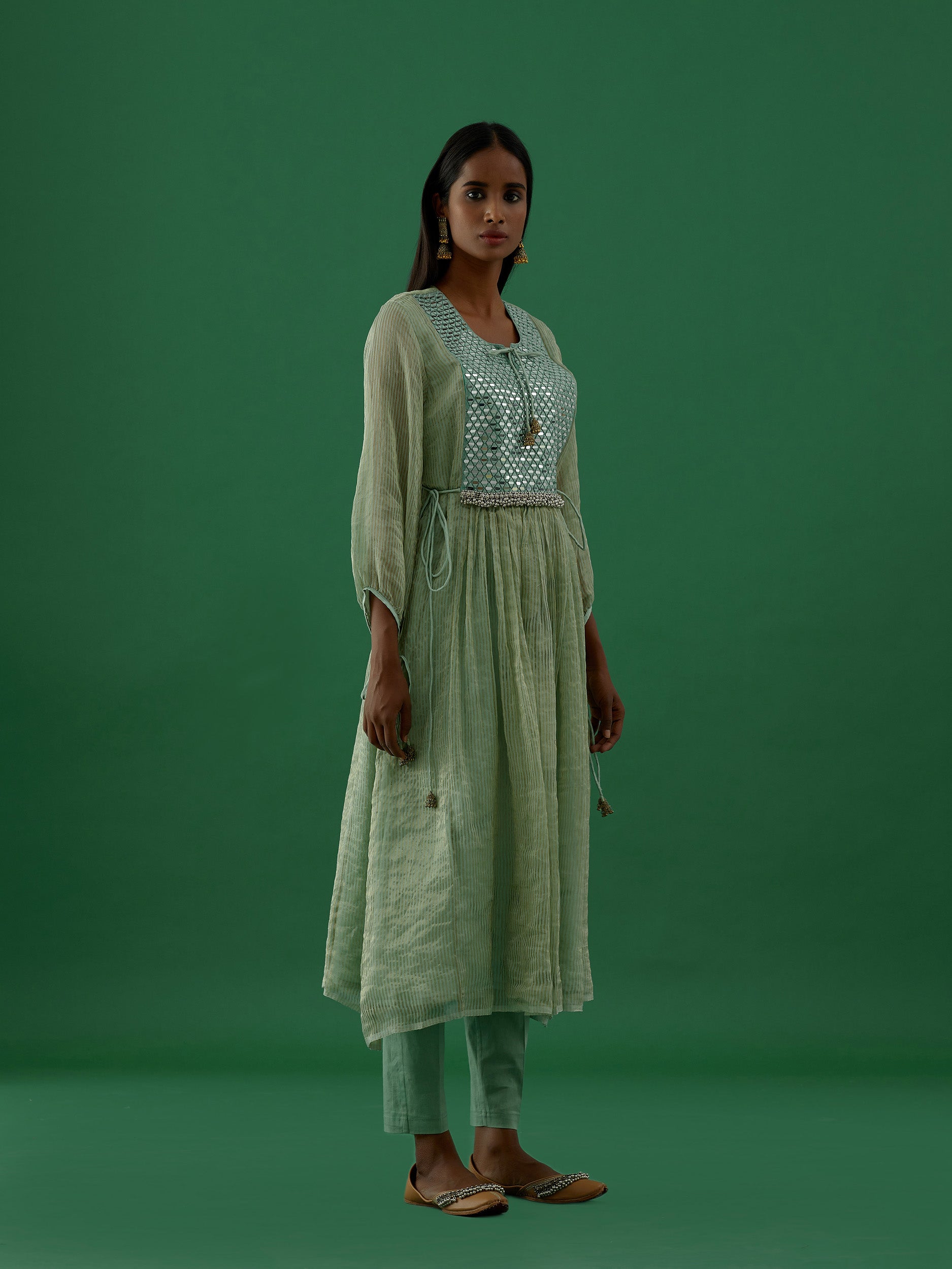 Gopika - Green Mirror Work Chanderi Tissue Silk Anarkali Kurta - 5elements