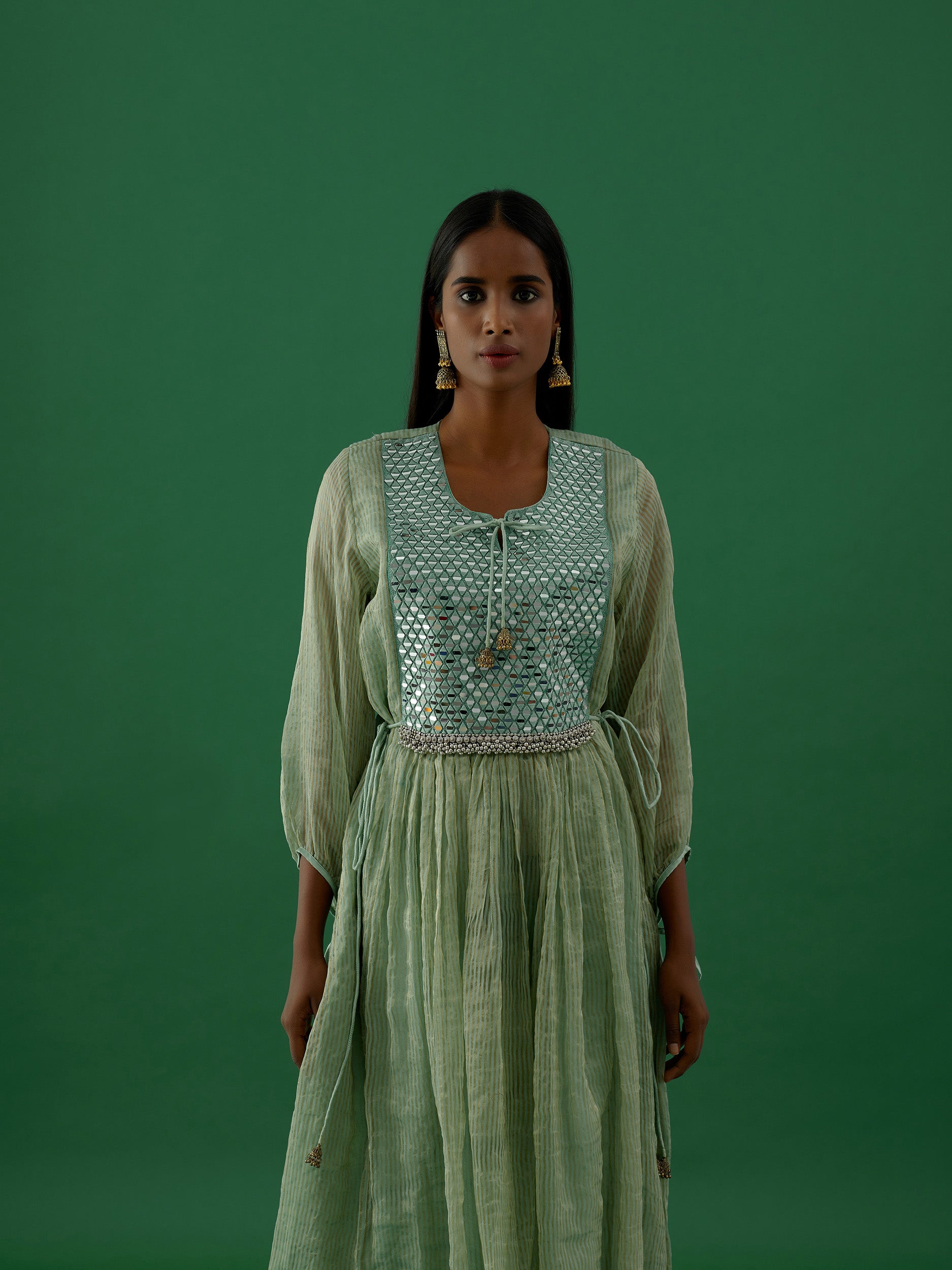 Gopika - Green Mirror Work Chanderi Tissue Silk Anarkali Kurta - 5elements