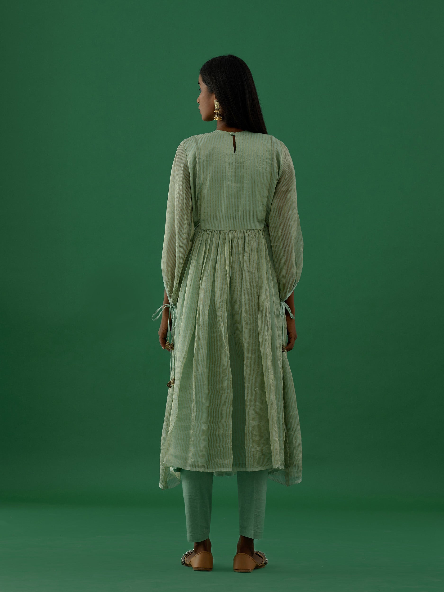 Gopika - Green Mirror Work Chanderi Tissue Silk Anarkali Kurta - 5elements