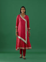Shivya - Pink Ghungroo Work Modal Satin Bhandhej Anarkali Kurta With Cotton Lycra Pants - Set Of 2 - 5elements