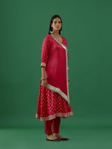 Shivya - Pink Ghungroo Work Modal Satin Bhandhej Anarkali Kurta With Cotton Lycra Pants - Set Of 2 - 5elements