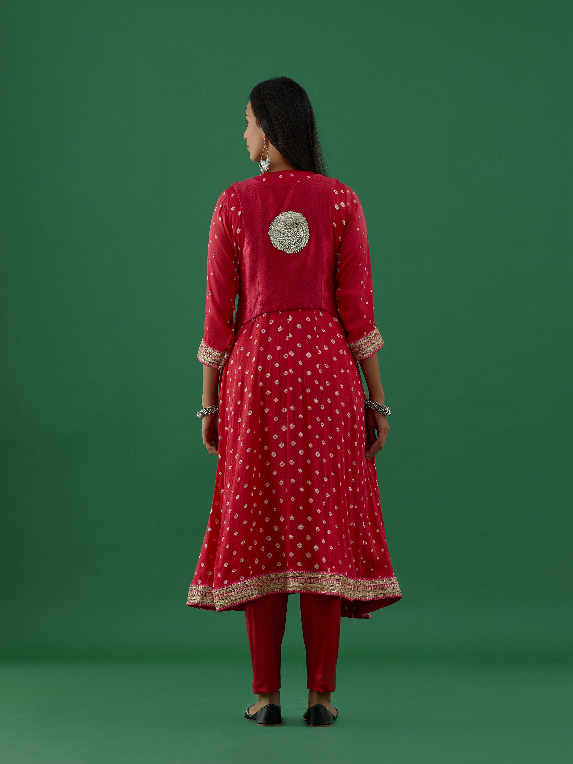 Shivya - Pink Ghungroo Work Modal Satin Bhandhej Anarkali Kurta With Cotton Lycra Pants - Set Of 2 - 5elements