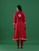 Shivya - Pink Ghungroo Work Modal Satin Bhandhej Anarkali Kurta With Cotton Lycra Pants - Set Of 2 - 5elements