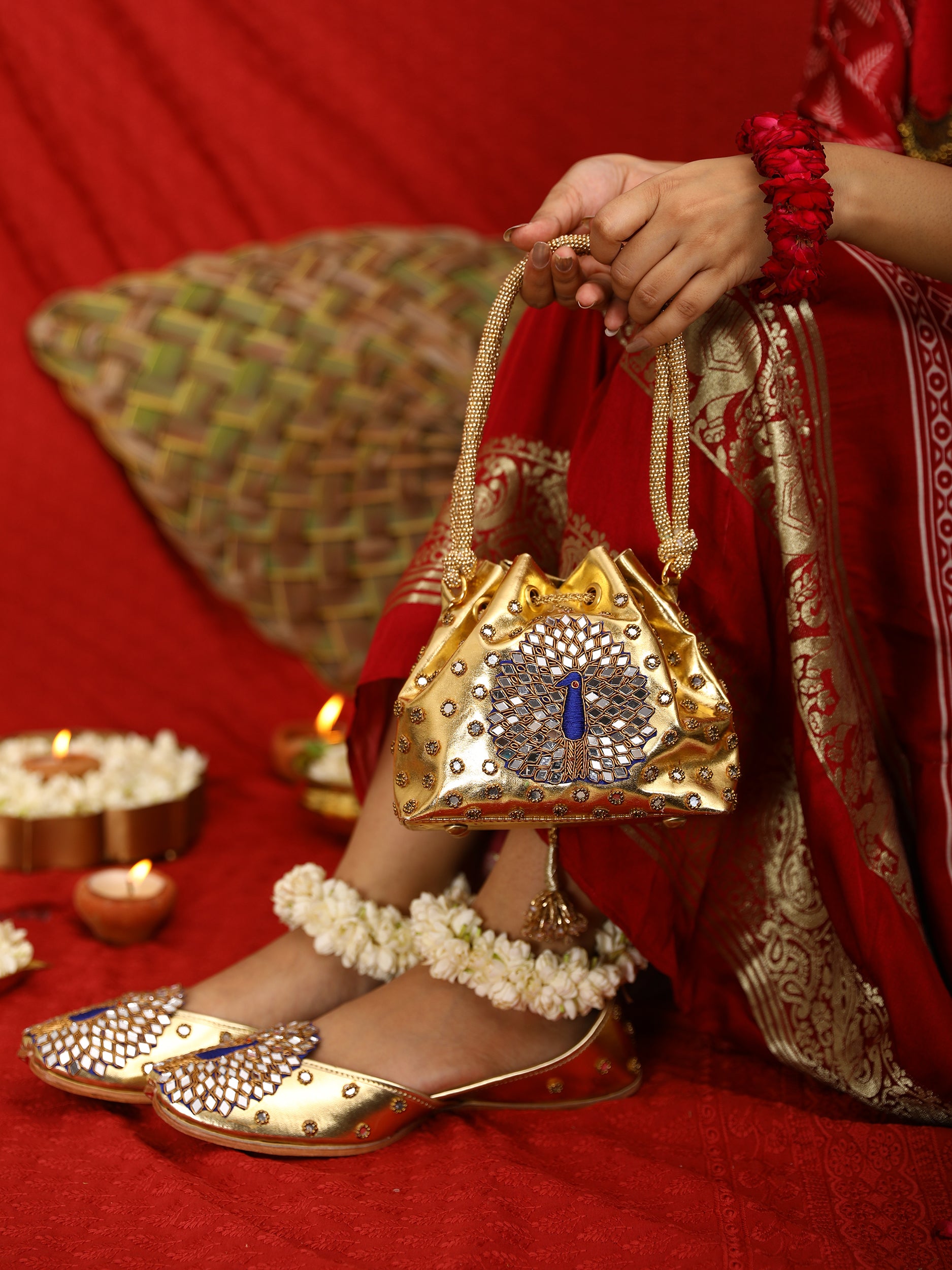 Gold Peacock Jutti and potli combo set