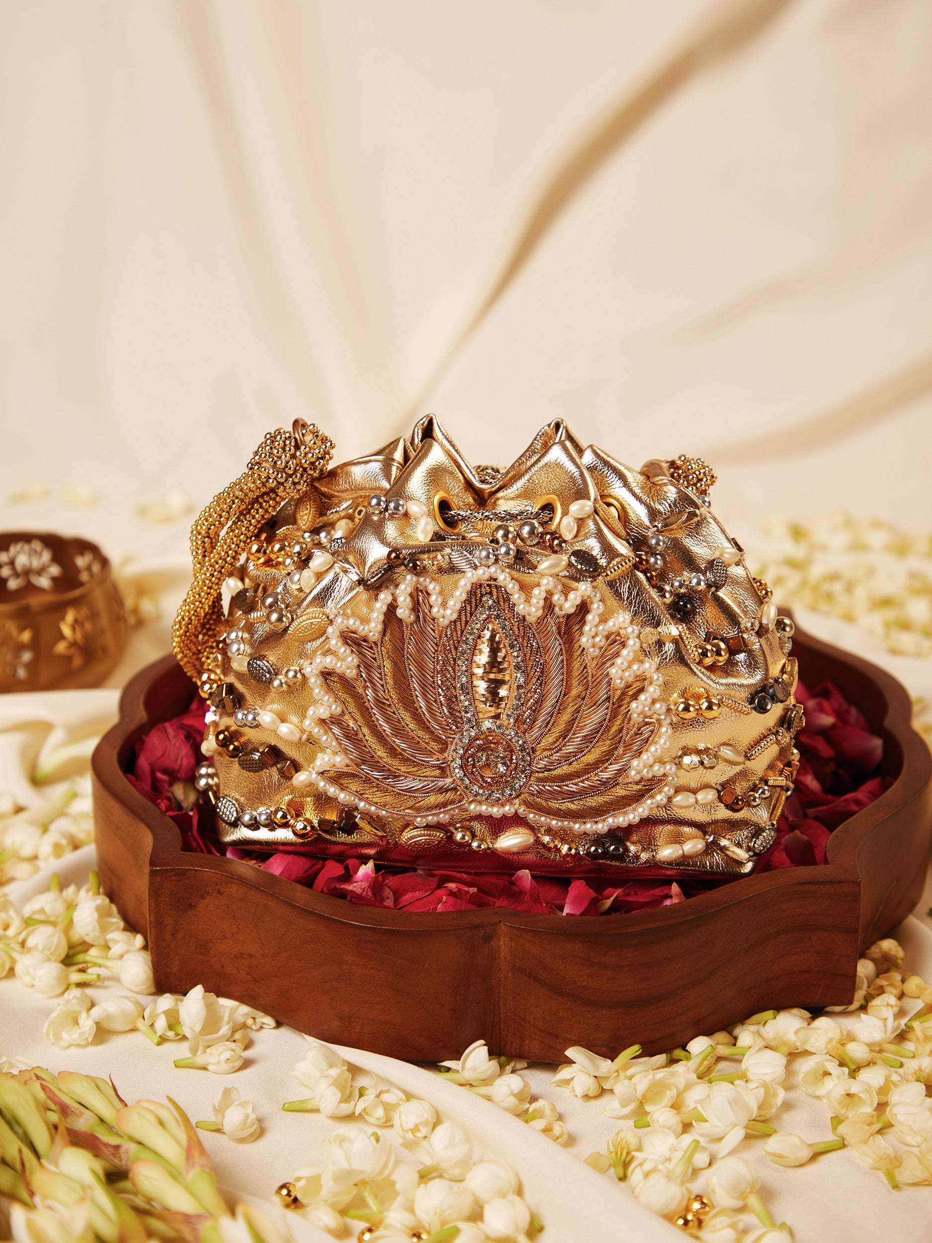 Gold Lotus Wedges & Gold Lotus Potli (Combo)