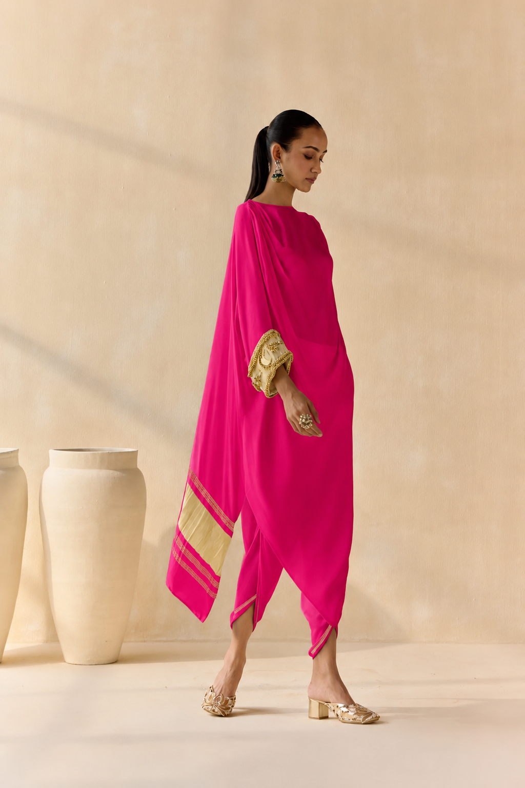 Noor Shwet Draped Set - Fuchsia