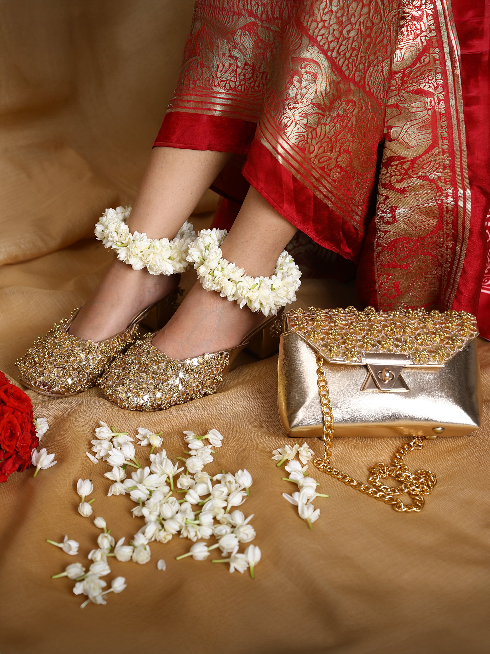 Gold Aamya Mule Heel and Aamya Bag (Combo)