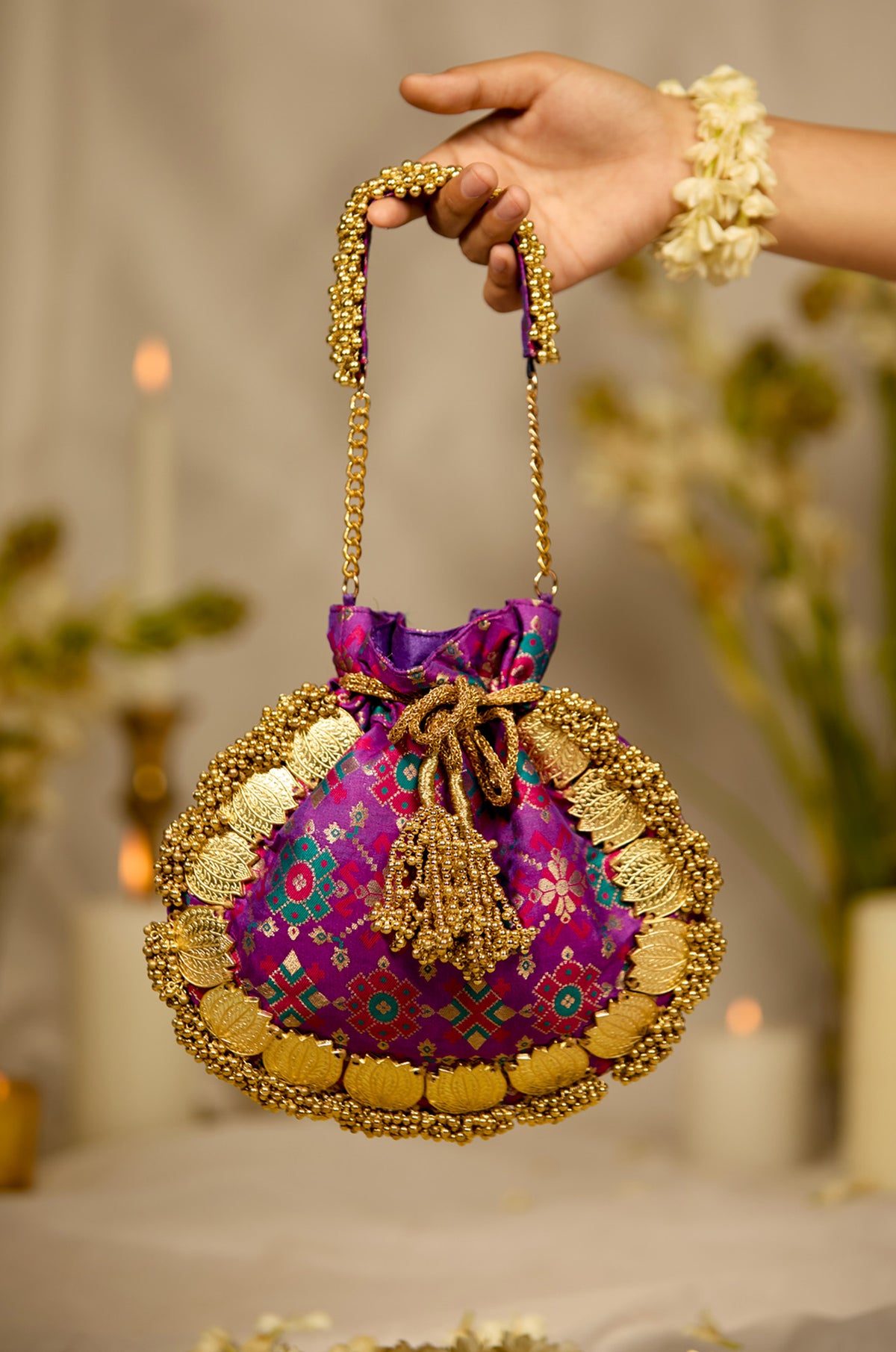Buy Avika Purple Designer Drawstring Bag (Potli) for Evening