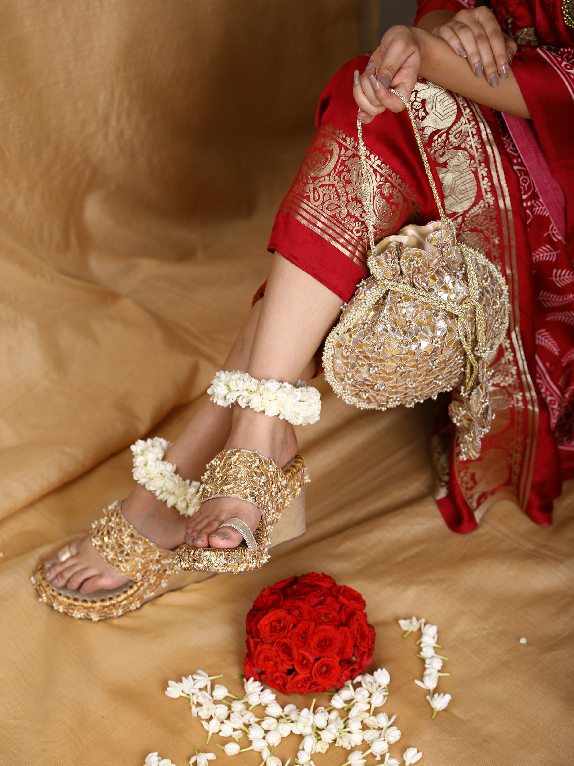 Gold Aamya Wedges and Potli (Combo)