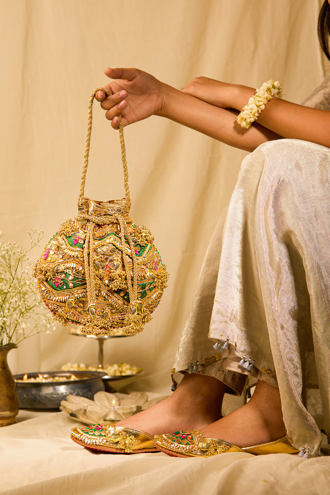 Goota Love Green Jutti & Evander Green Potli (Combo)