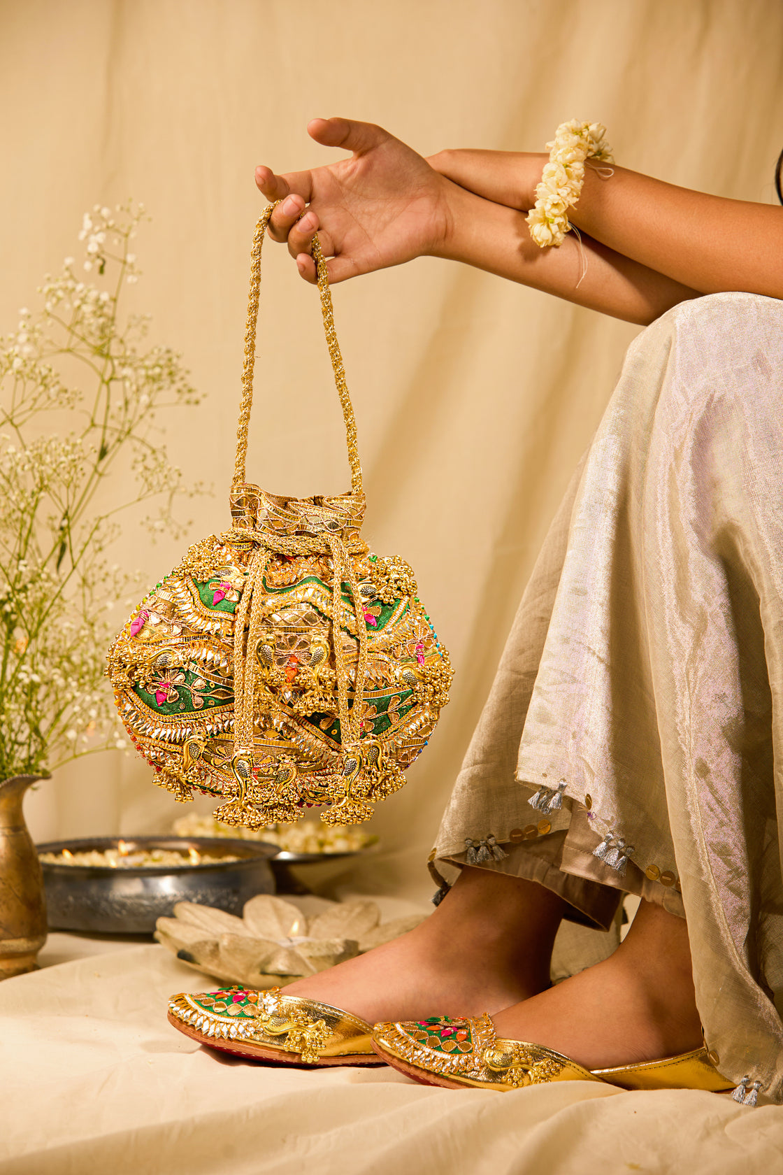 Goota Love Green Jutti & Evander Green Potli (Combo)