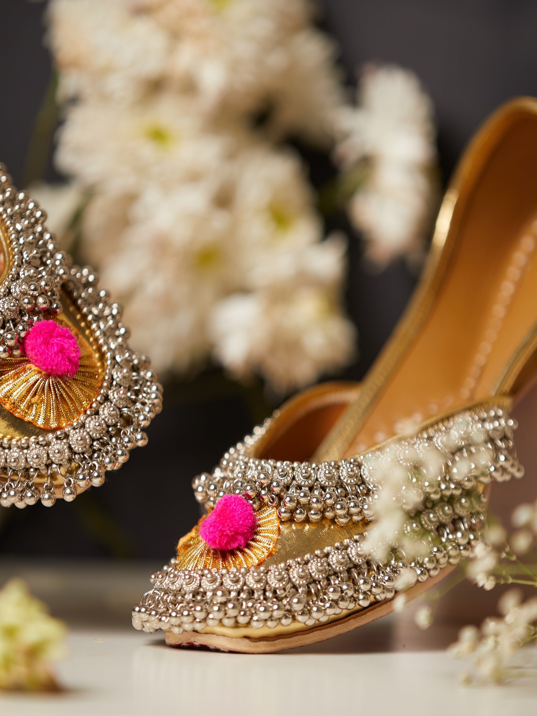 Golden Ghungroo Crown Jutti & Gold Pompom Bag (Combo)