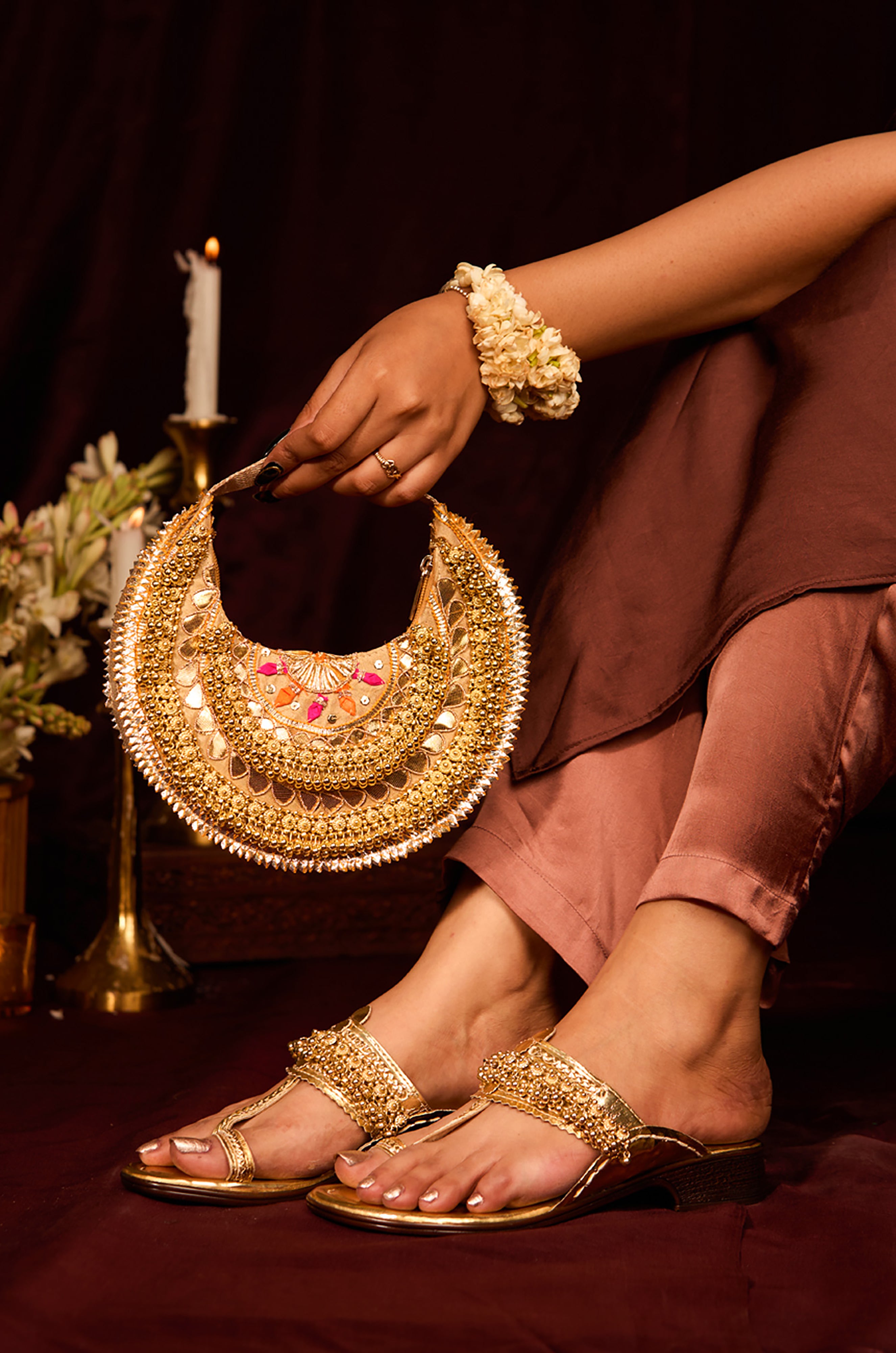 Ghungroo Love Gold Kolhapuri & Vamika Gold Potli