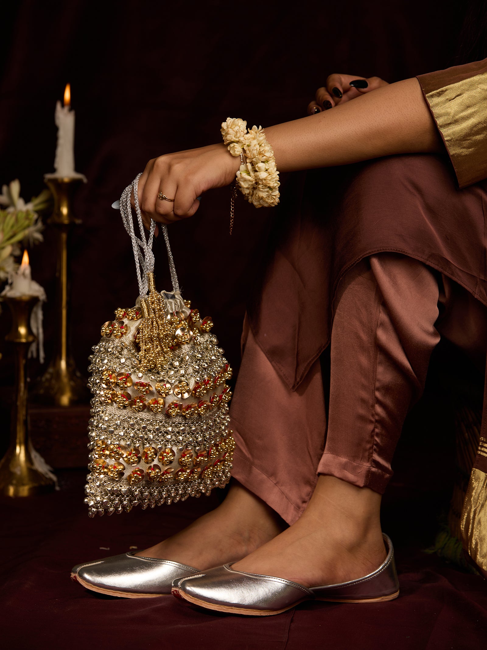 Metallic Silver (Jutti) & Sabina Silver (Potli)