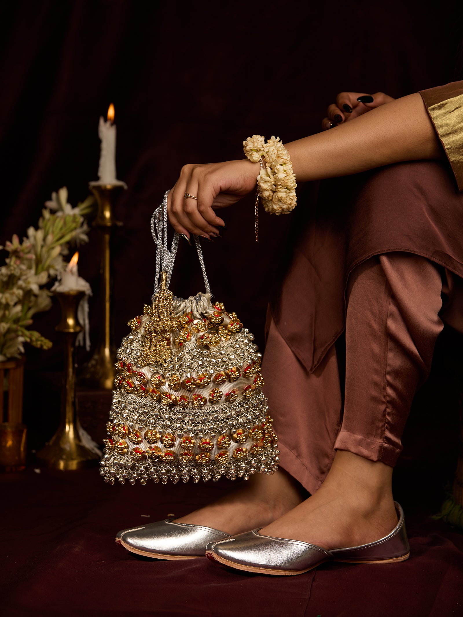 Metallic Silver (Jutti) & Sabina Silver (Potli)