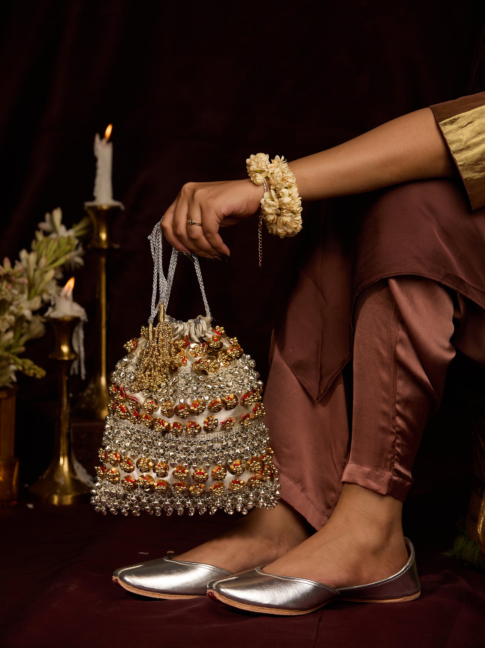 Metallic Silver (Jutti) & Sabina Silver (Potli)