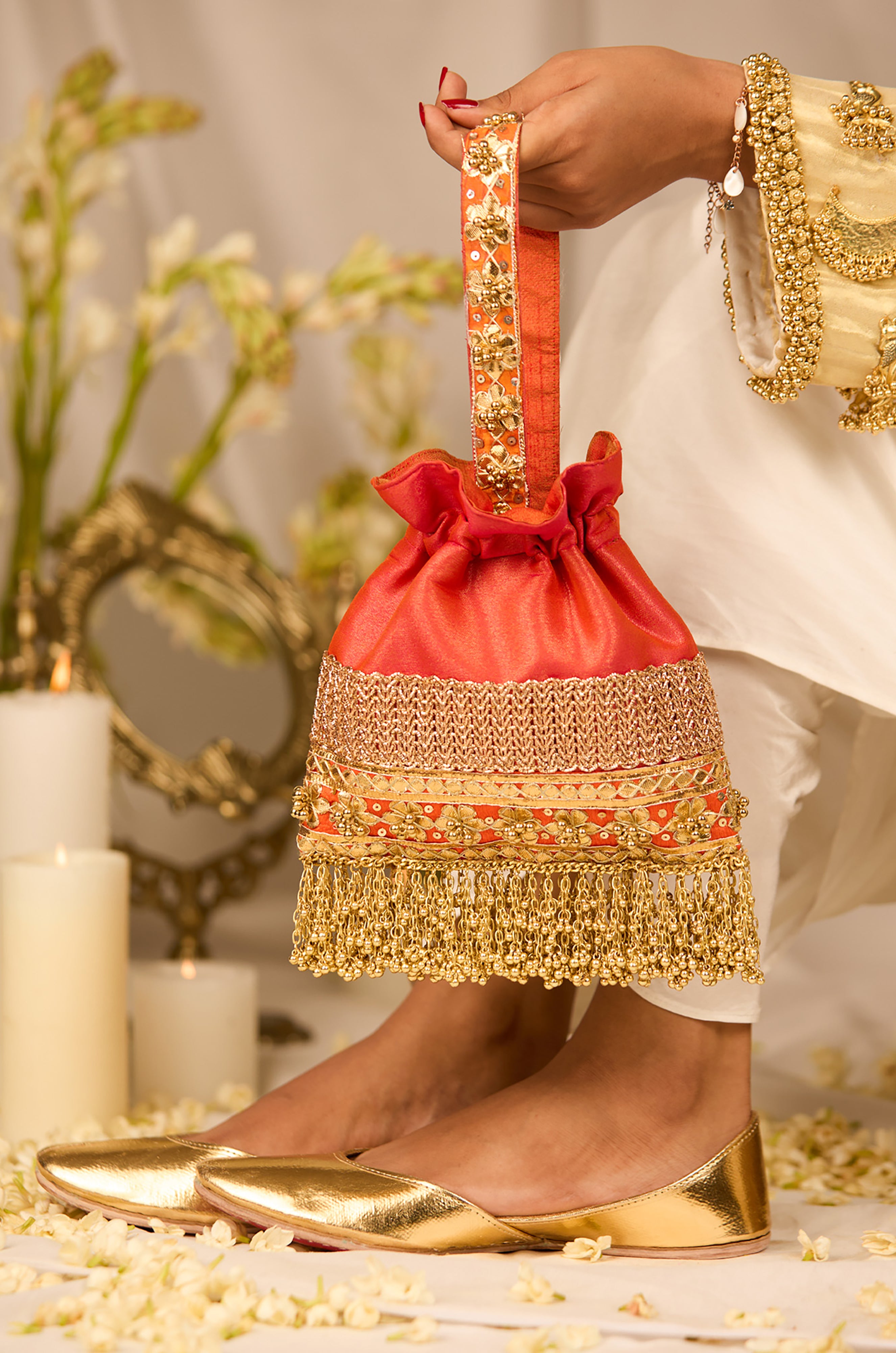 Metallic Gold Jutti & Prisha Orange Potli