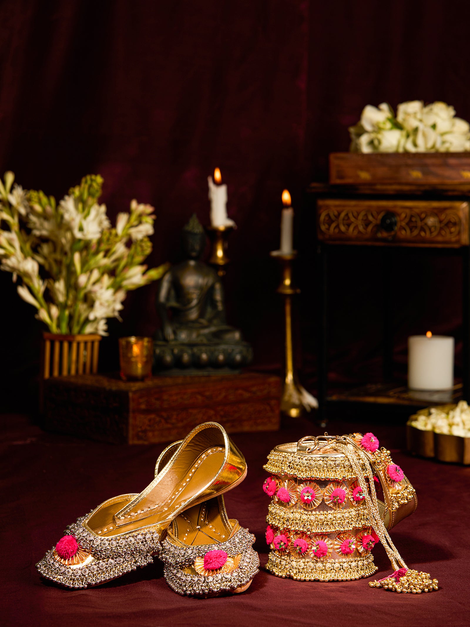 Golden Ghungroo Crown Jutti & Gold Pompom Bag (Combo)