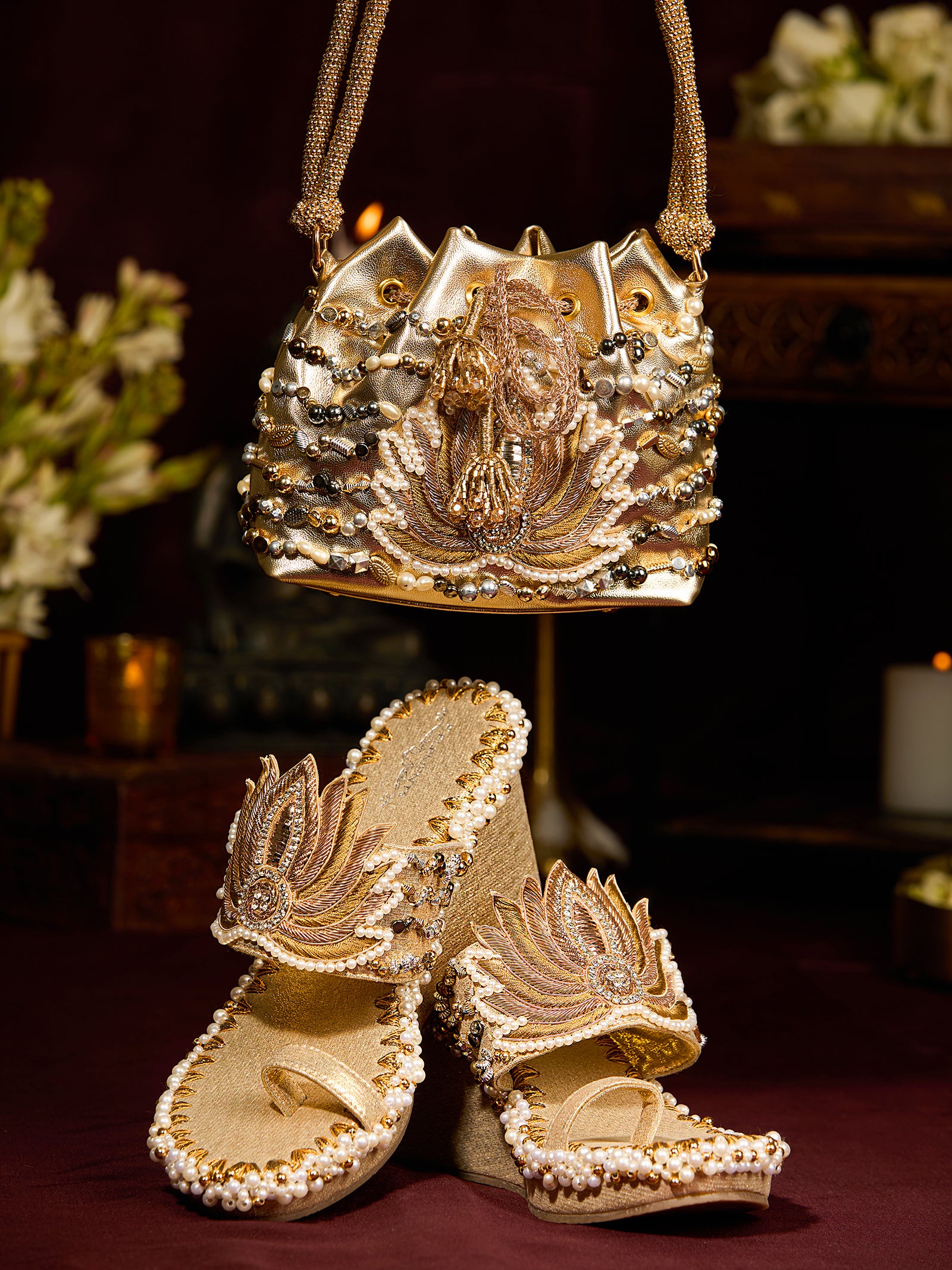 Gold Lotus Wedges & Gold Lotus Potli (Combo)