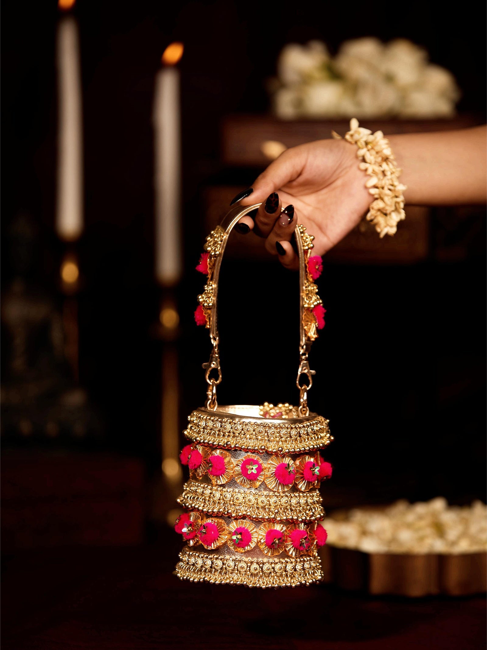 Golden Ghungroo Crown Jutti & Gold Pompom Bag (Combo)