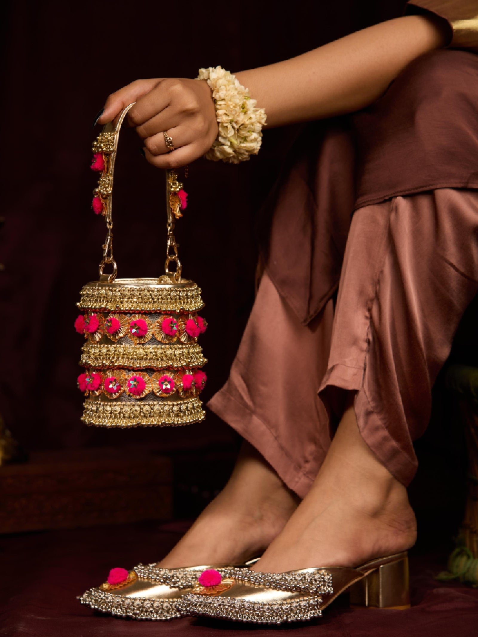 Gold Ghungroo Crown Mule Heel & Gold Pompom Bag (Combo)