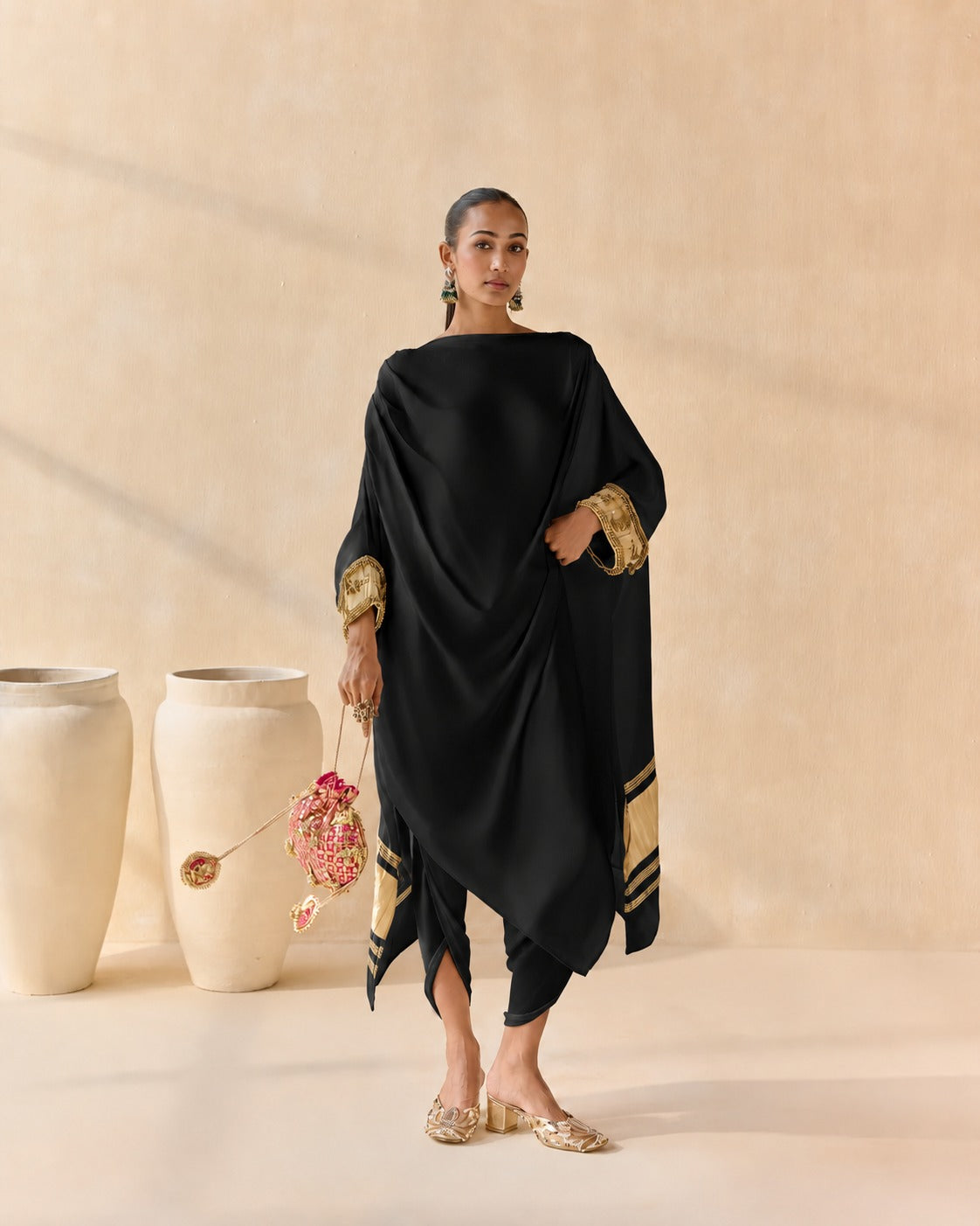Noor Shwet Draped Set - Black