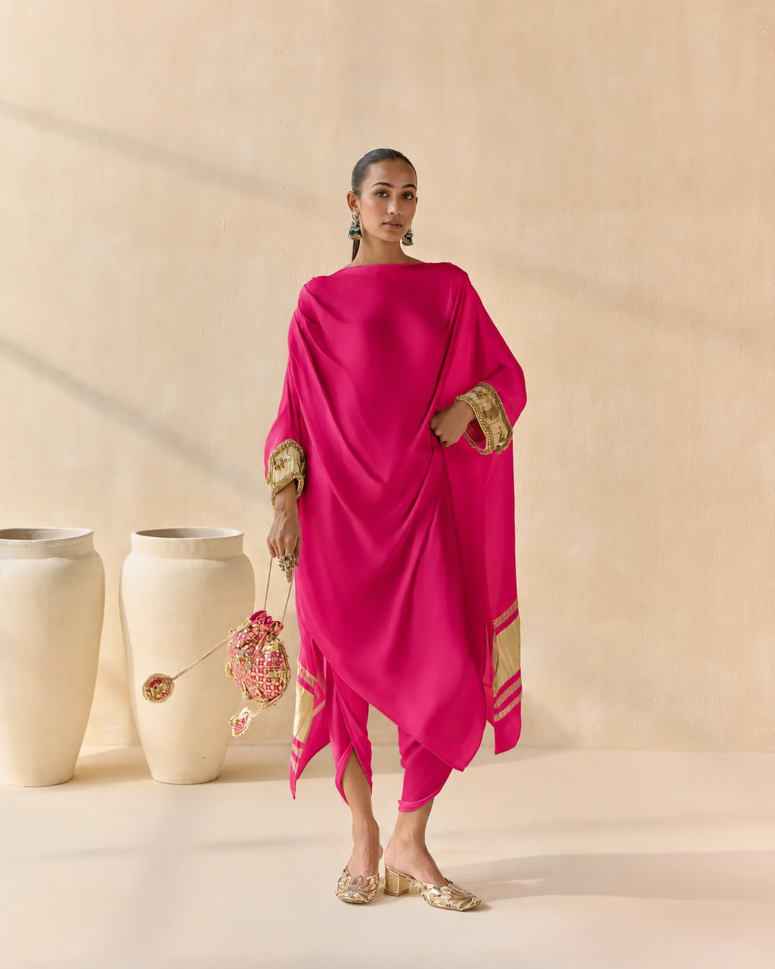 Noor Shwet Draped Set - Fuchsia
