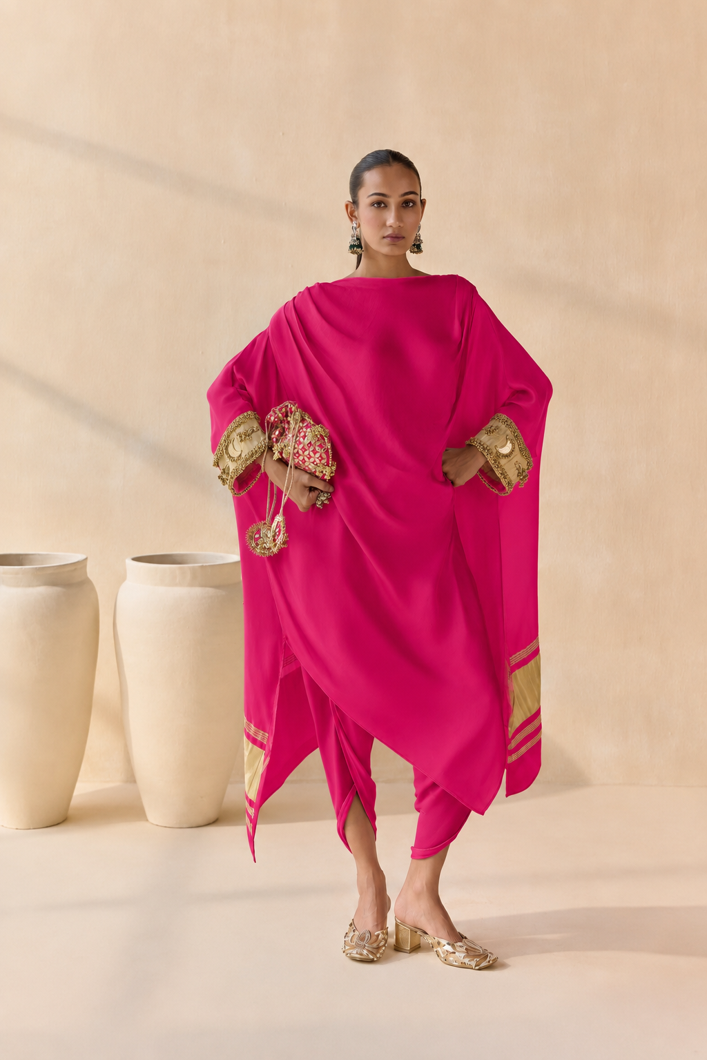 Noor Shwet Draped Set - Fuchsia
