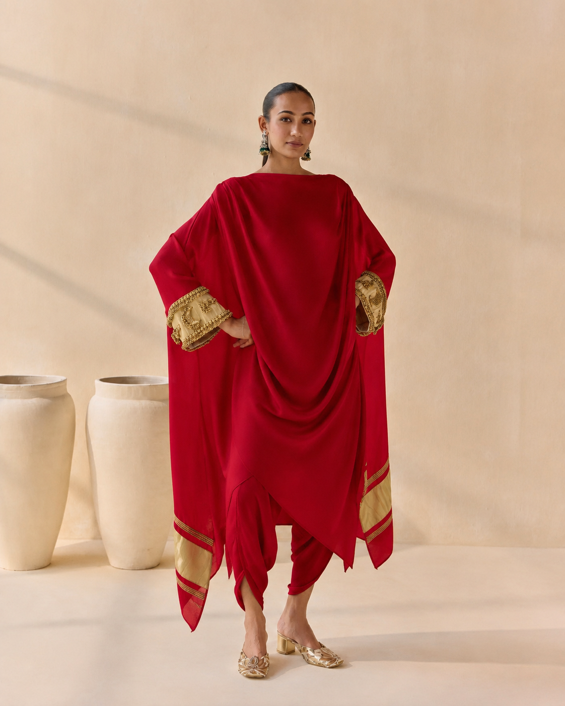 Noor Shwet Draped Set - Red