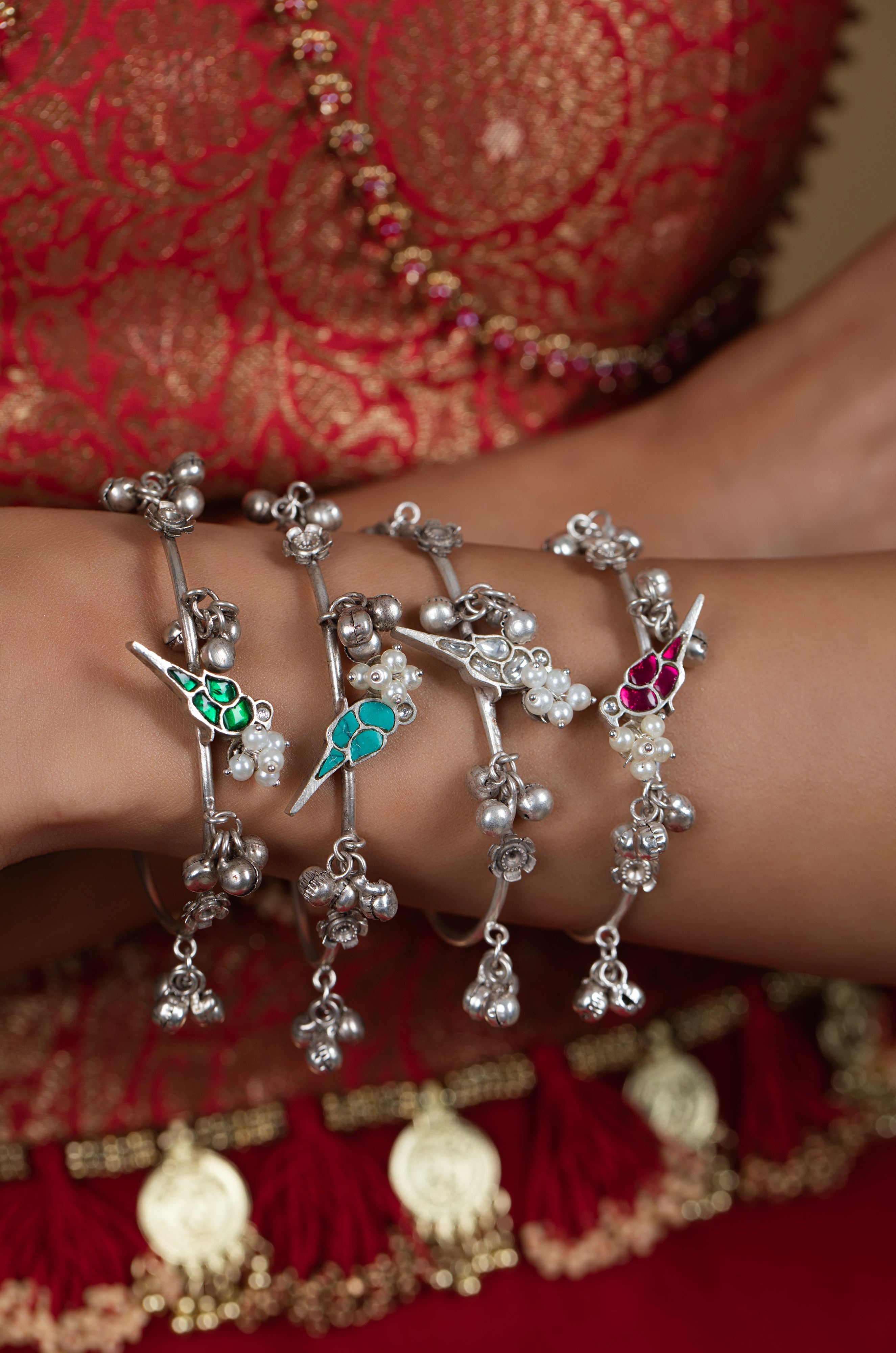 Charvi Silver Parrot Kada Set
